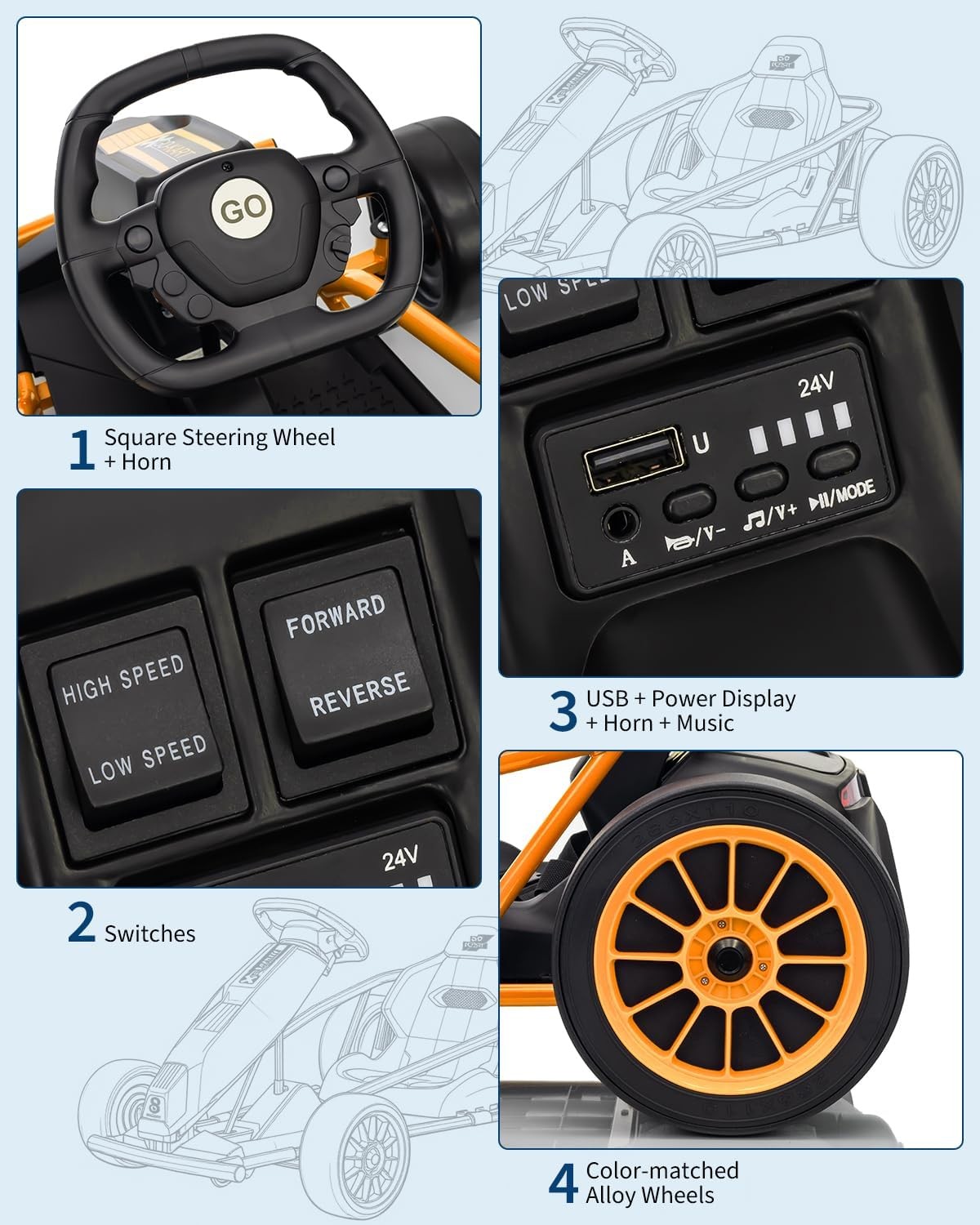 Garvee 24V 9Ah Kids Car Ride On Go Kart Toy,Racing for Kids 8-12 Years,Orange