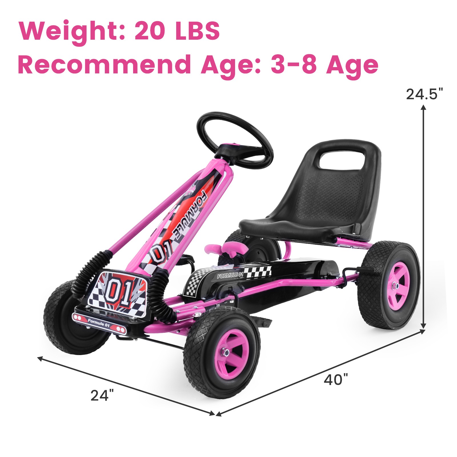 Honeyjoy Go Kart 4 Wheel Pedal Powered Kids Ride On Toy w/ Adjustable Seat Pink