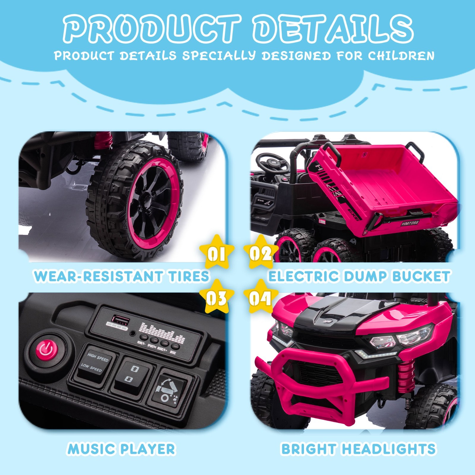 24V Kids Ride on Electric Car UTV w/Remote, LED, Battery Power Wheels Truck,Pink