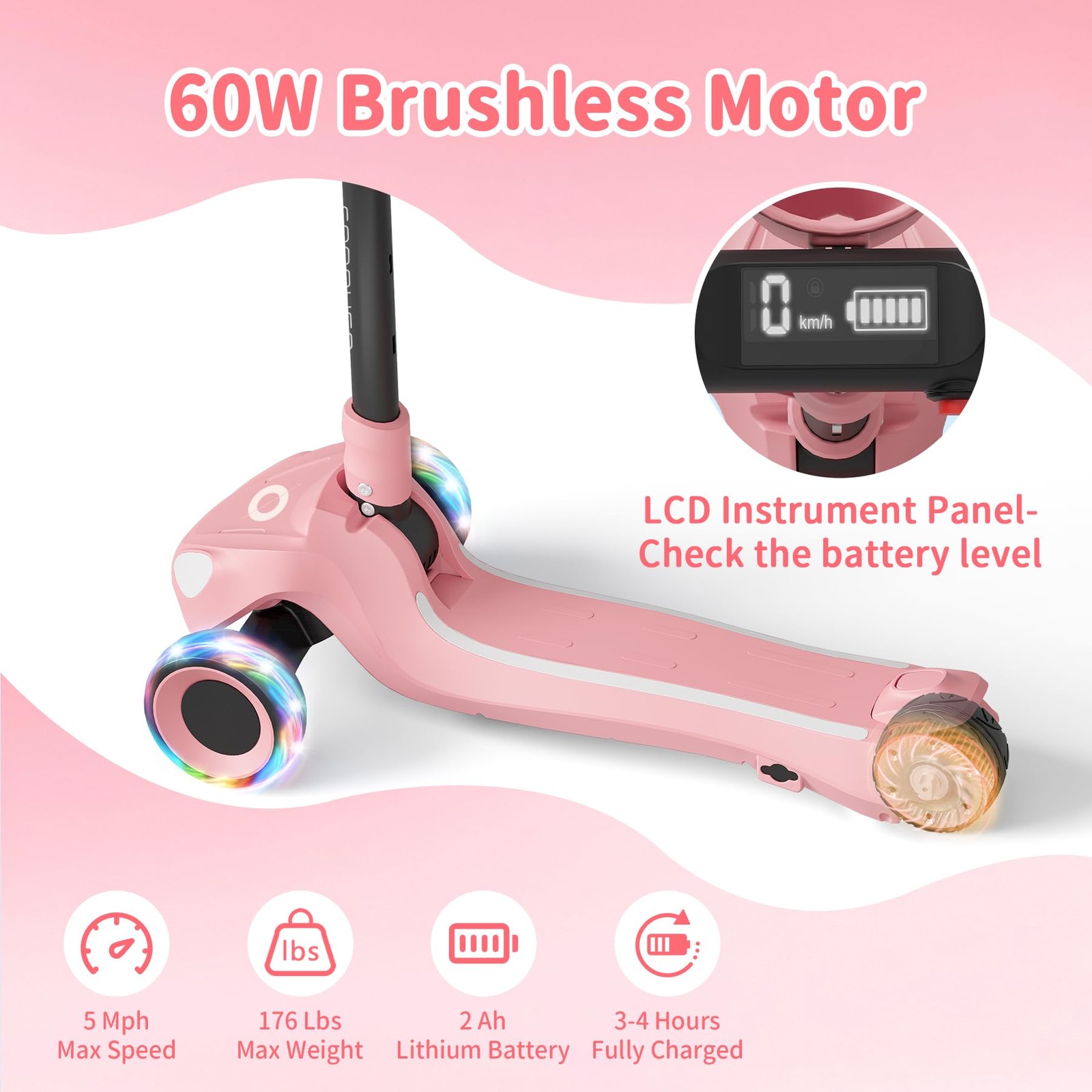 Electric Scooter for Kids with 3 LED Wheels, 5MPH Safe Speed, LCD Screen
