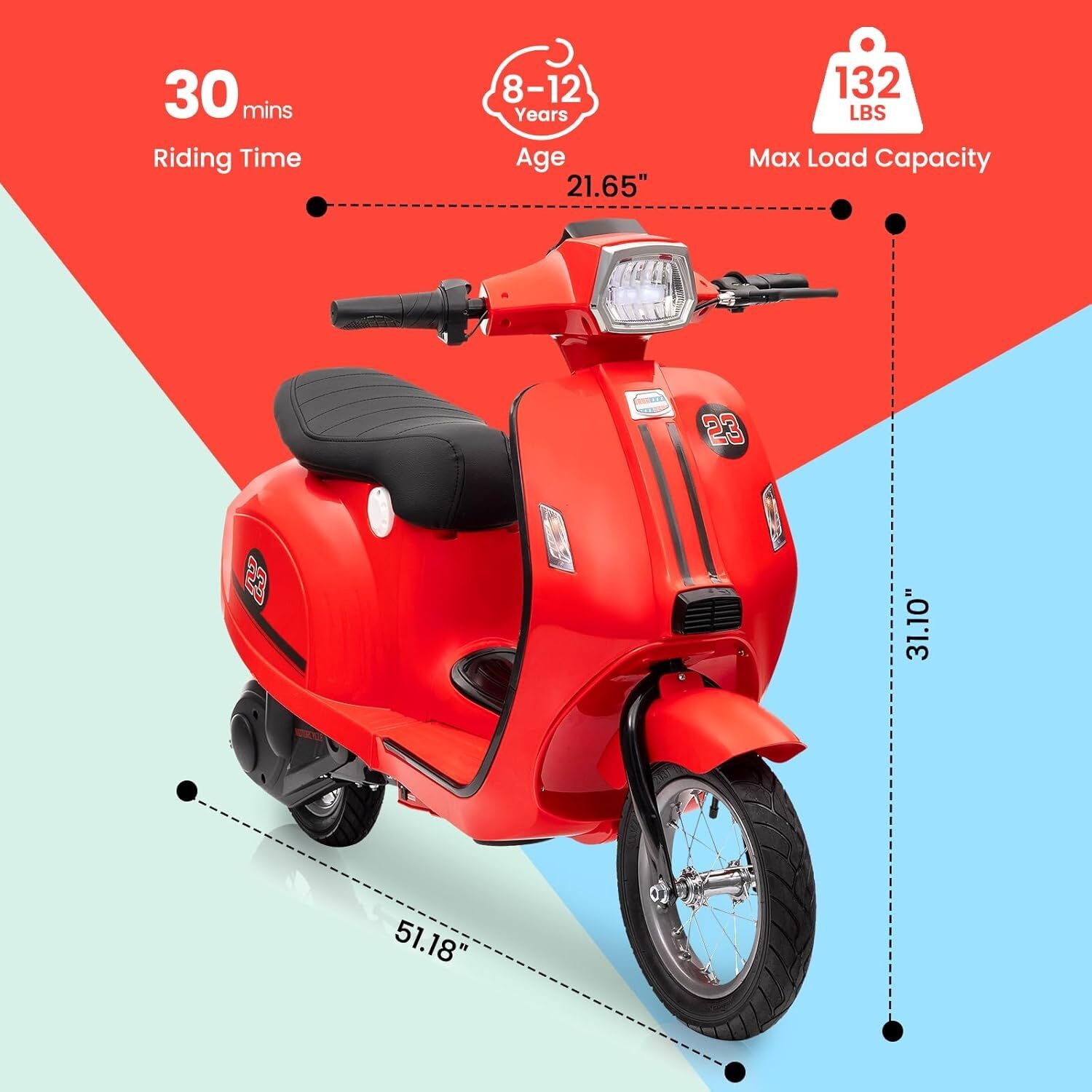24V 350W Kids Motorcycle Electric Moped Scooter Motorbike Toy with LED for 8-12Y