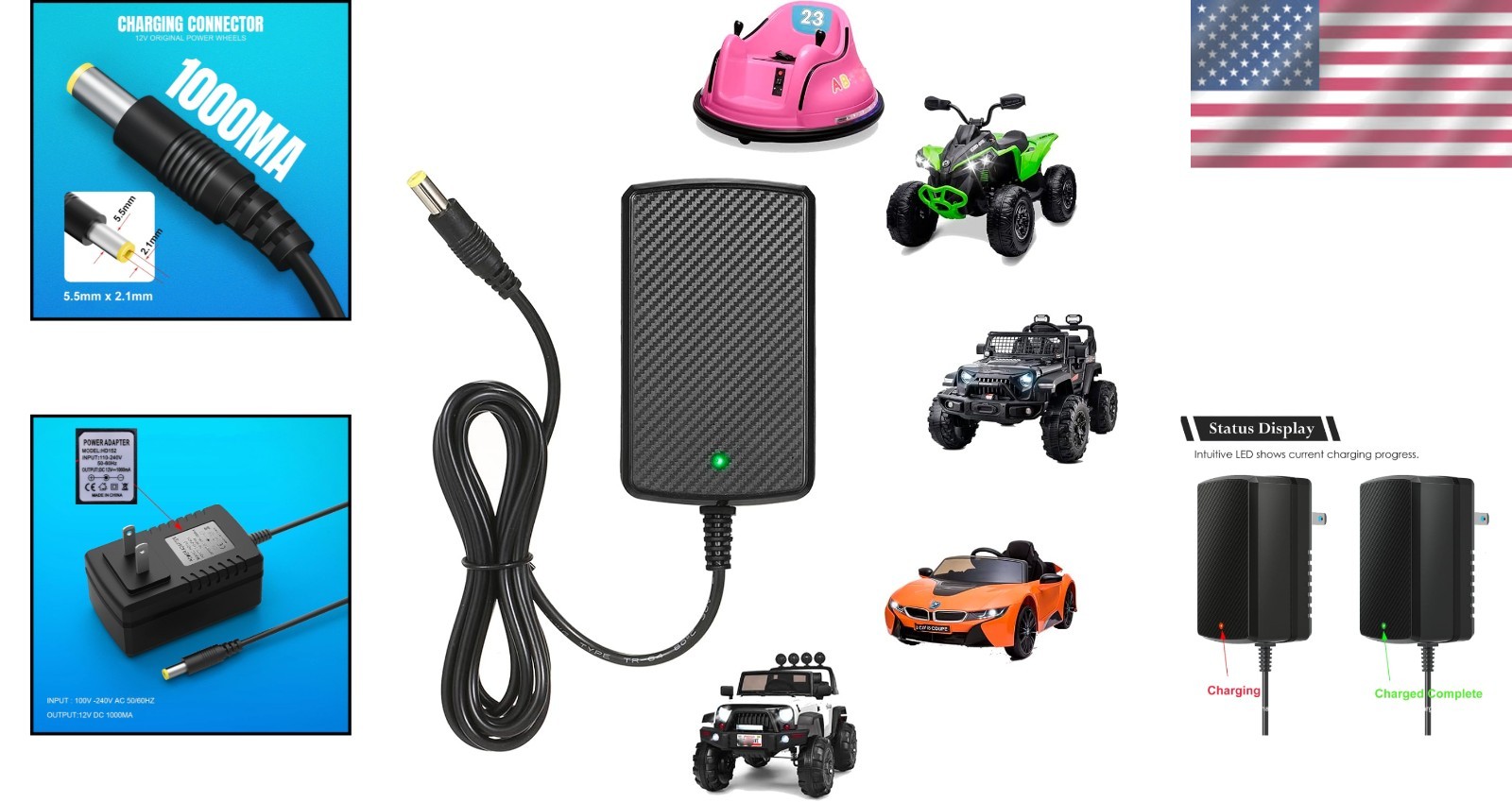 Durable 12V Battery Charger for Electric Ride-On Cars – Overcharge Protection
