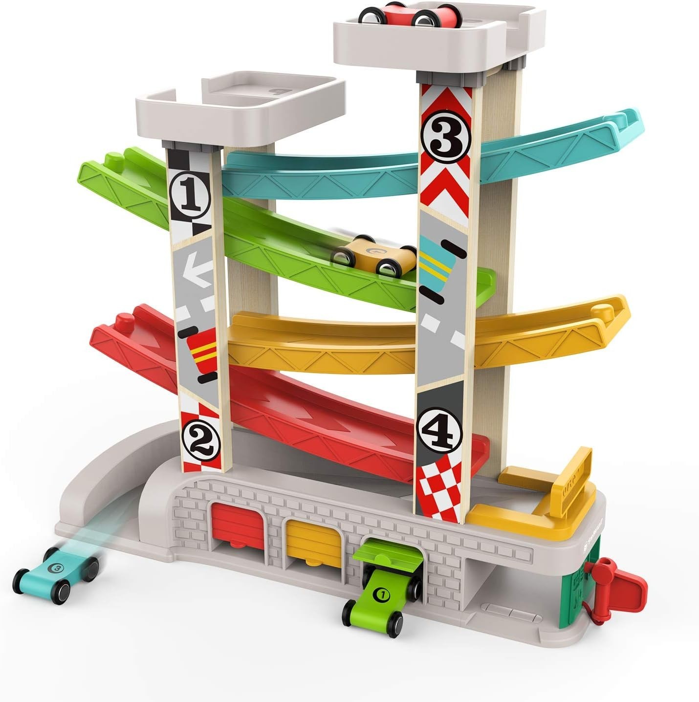 Delightful Car Ramp Race Track Toy for 2-3 Olds – 4 Wooden Cars Included