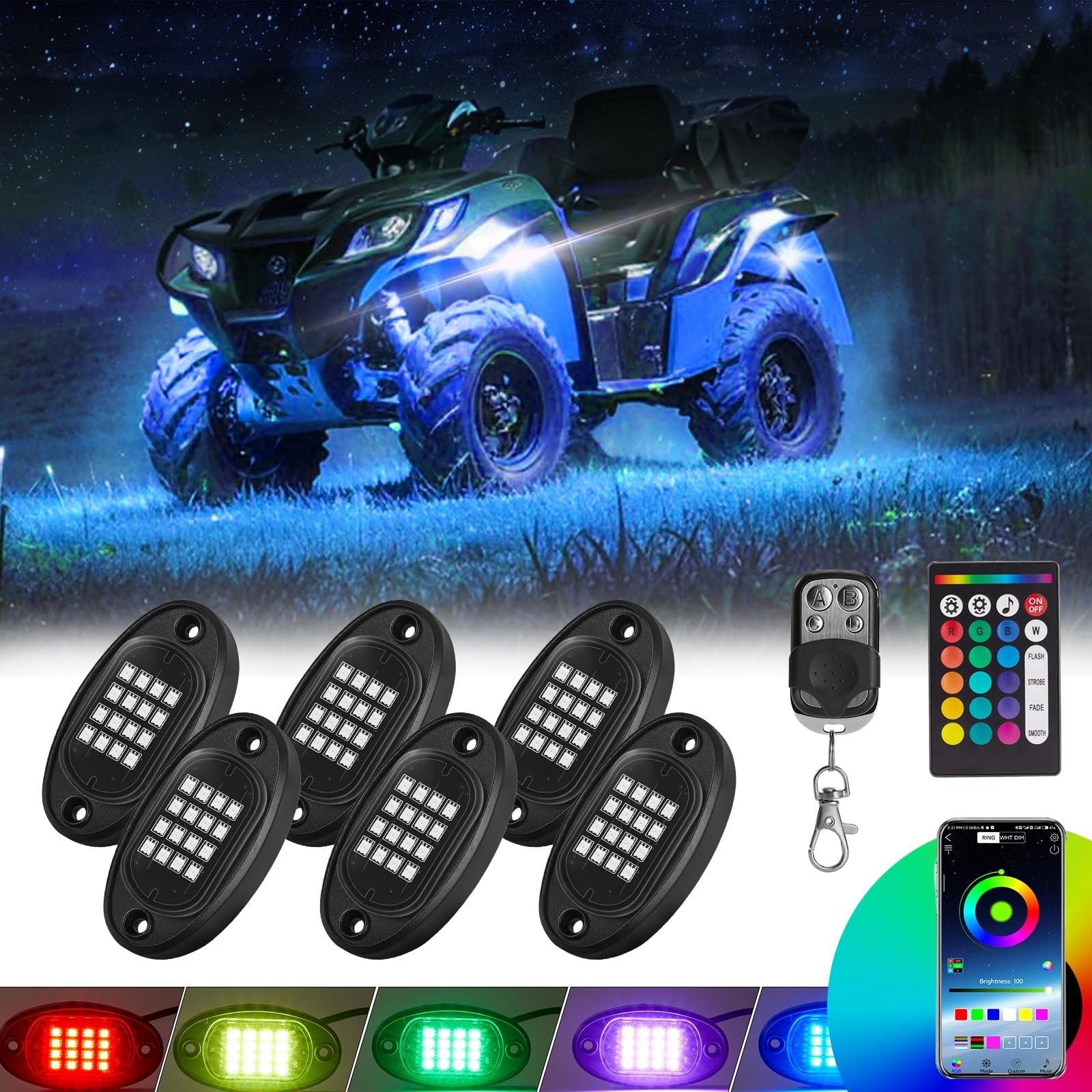 6 Pods RGB LED Rock Lights for UTV ATV Golf Cart Truck RZR Offroad Pickup SUV…