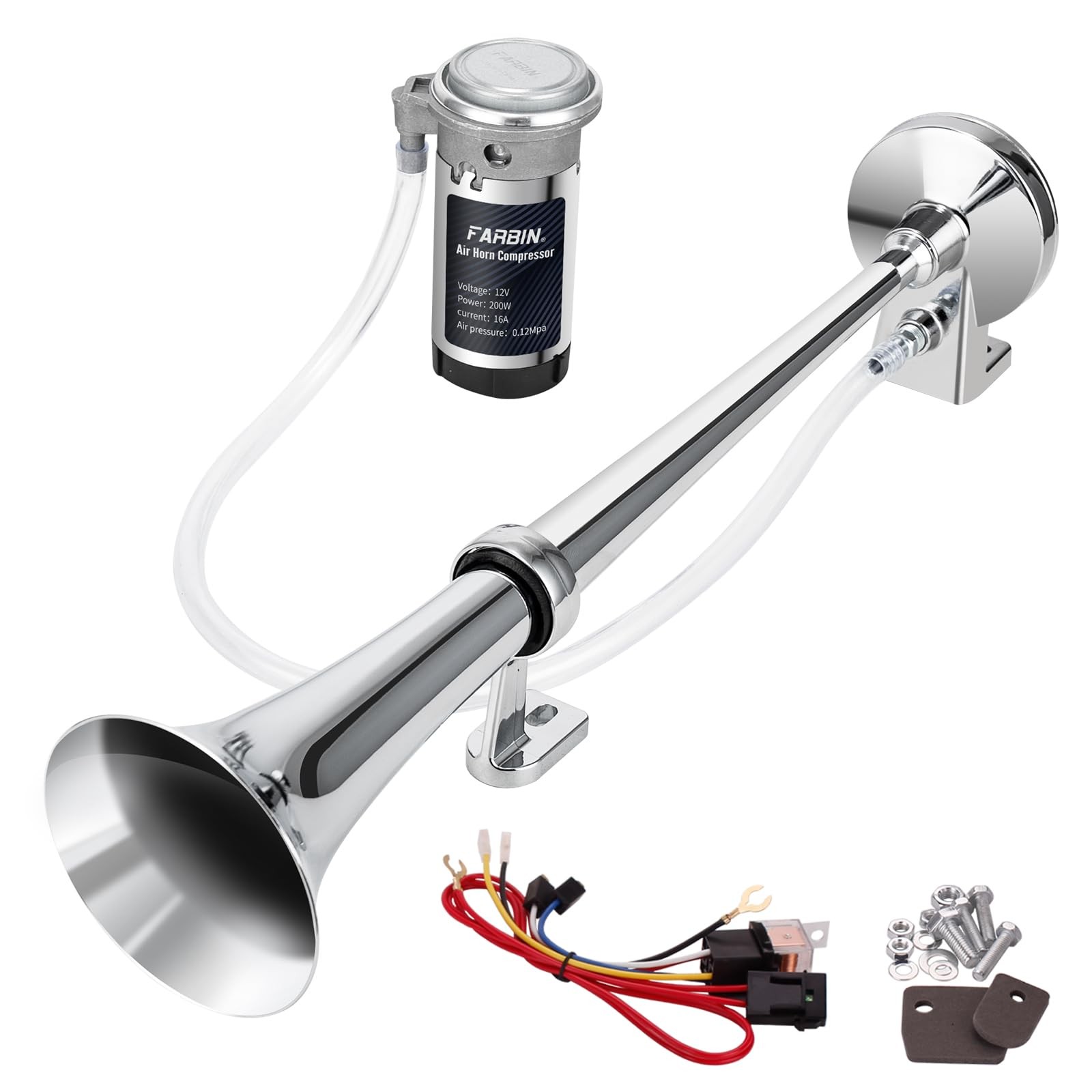 12V 150db Air Horn kit, Super Loud 18 Inches Chrome Zinc Single Trumpet Truck…