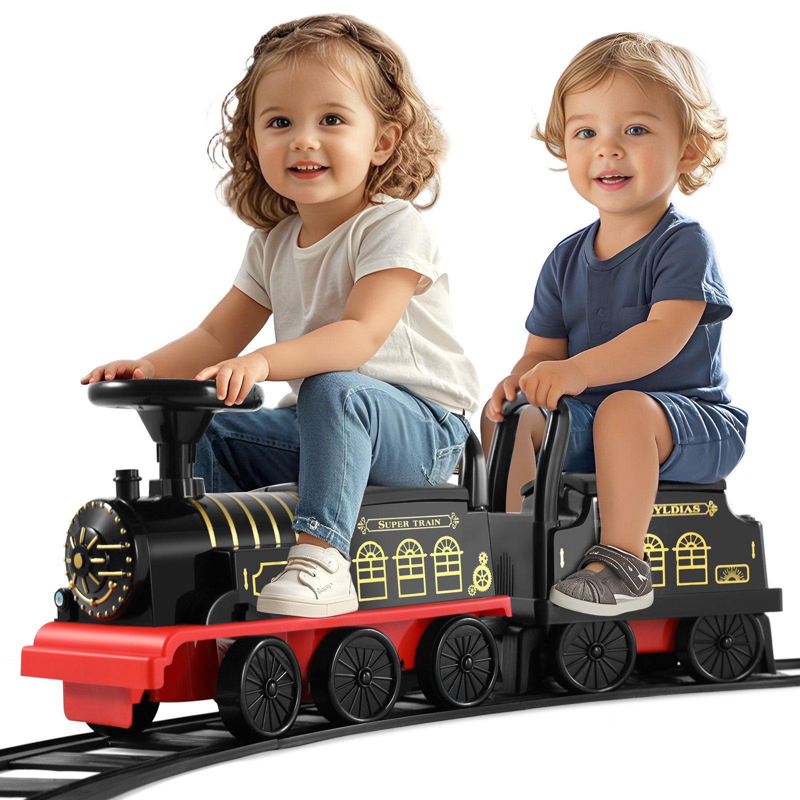Black/Blue 6V Electric Kids Ride On Train 1-3years Toddler Toys with Track,Music