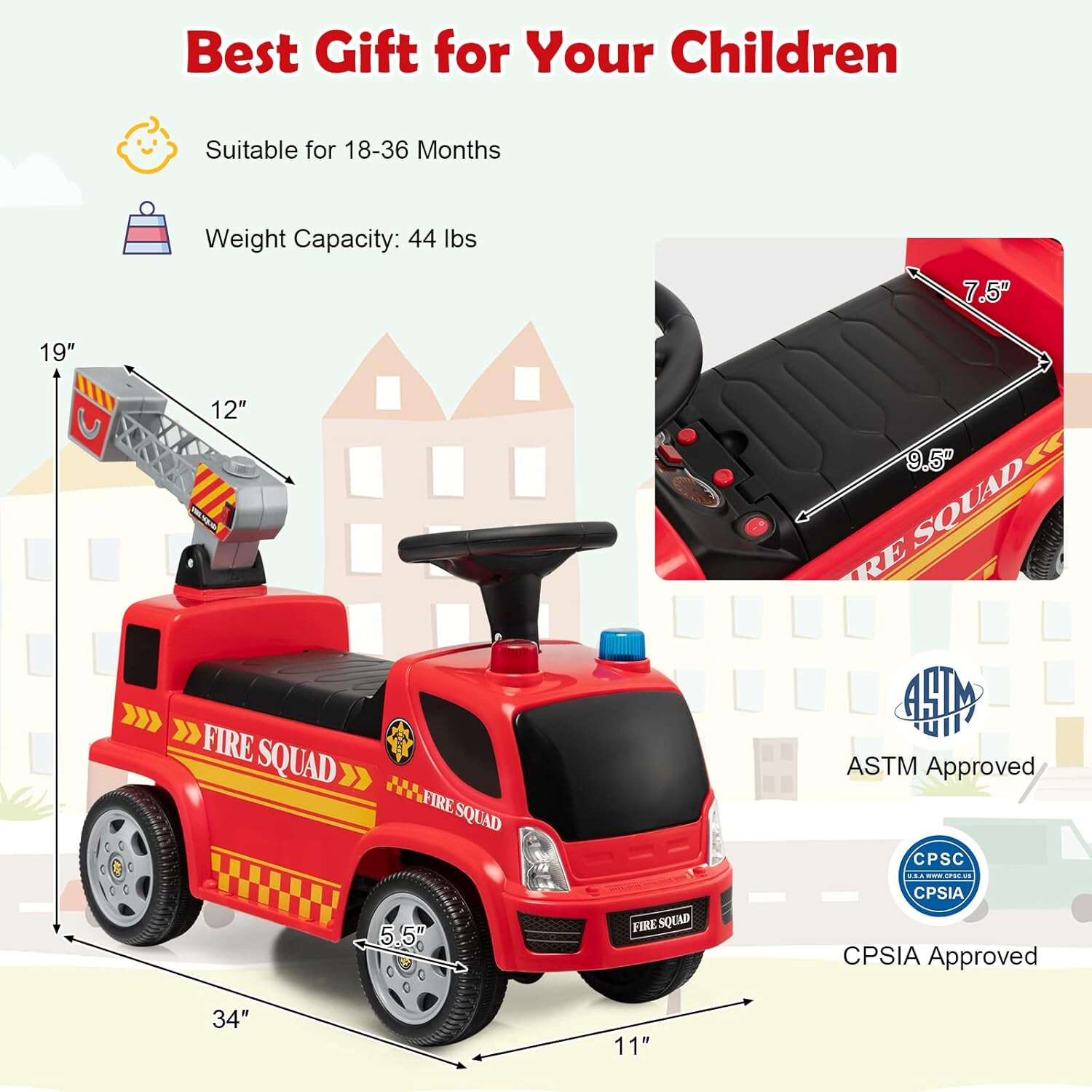 Kids Ride On Fire Truck Foot-to-Floor Sliding Car for Toddlers w/ Sounds & Music