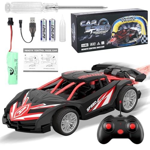 1/18 RC Car for Kids with Rechargeable Battery, LED Lights & Spray – Remote