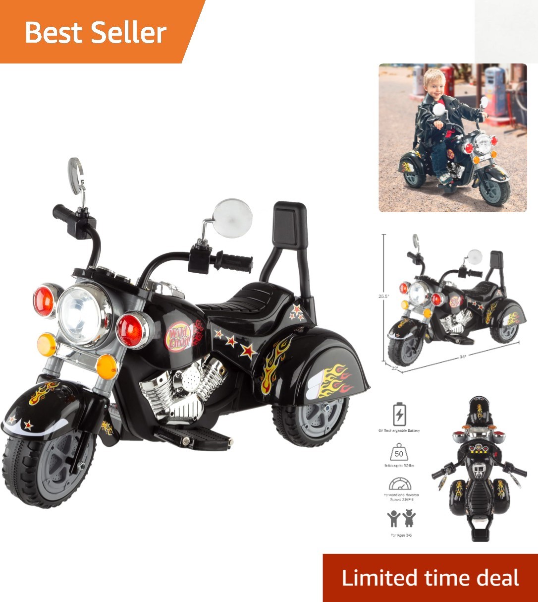 Stylish Black Kids Ride-On Motorcycle with Headlights & Forward/Reverse Action