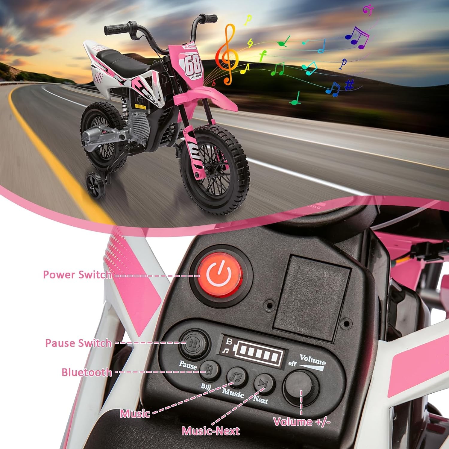 12V Kids Electric Dirt Twist Grip Throttle Bike w/Training Wheels 3Mph Music NEW