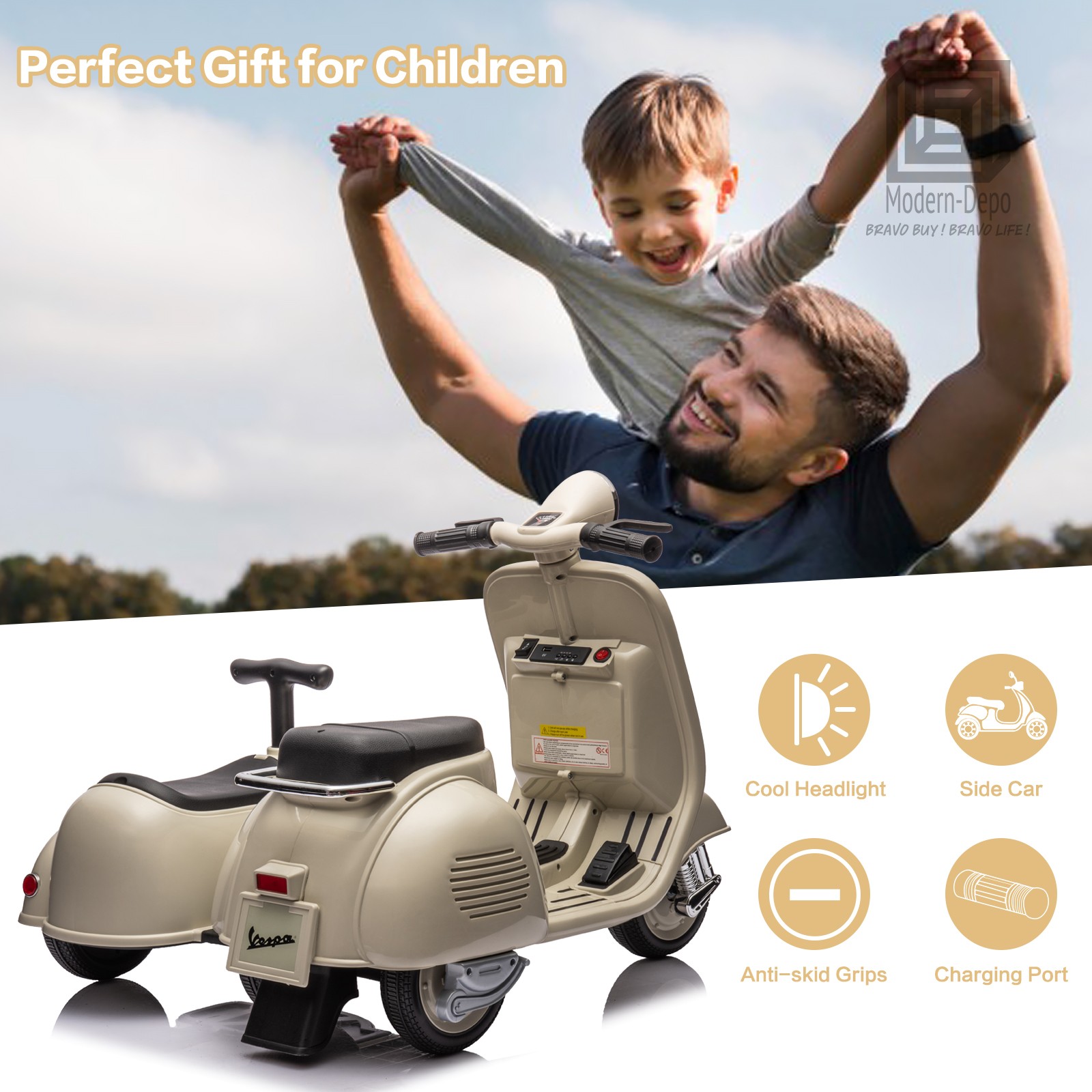 Licensed Vespa Kids Ride On Car Motorcycle w/ Side Car&Light, 2 Seater Toy Car