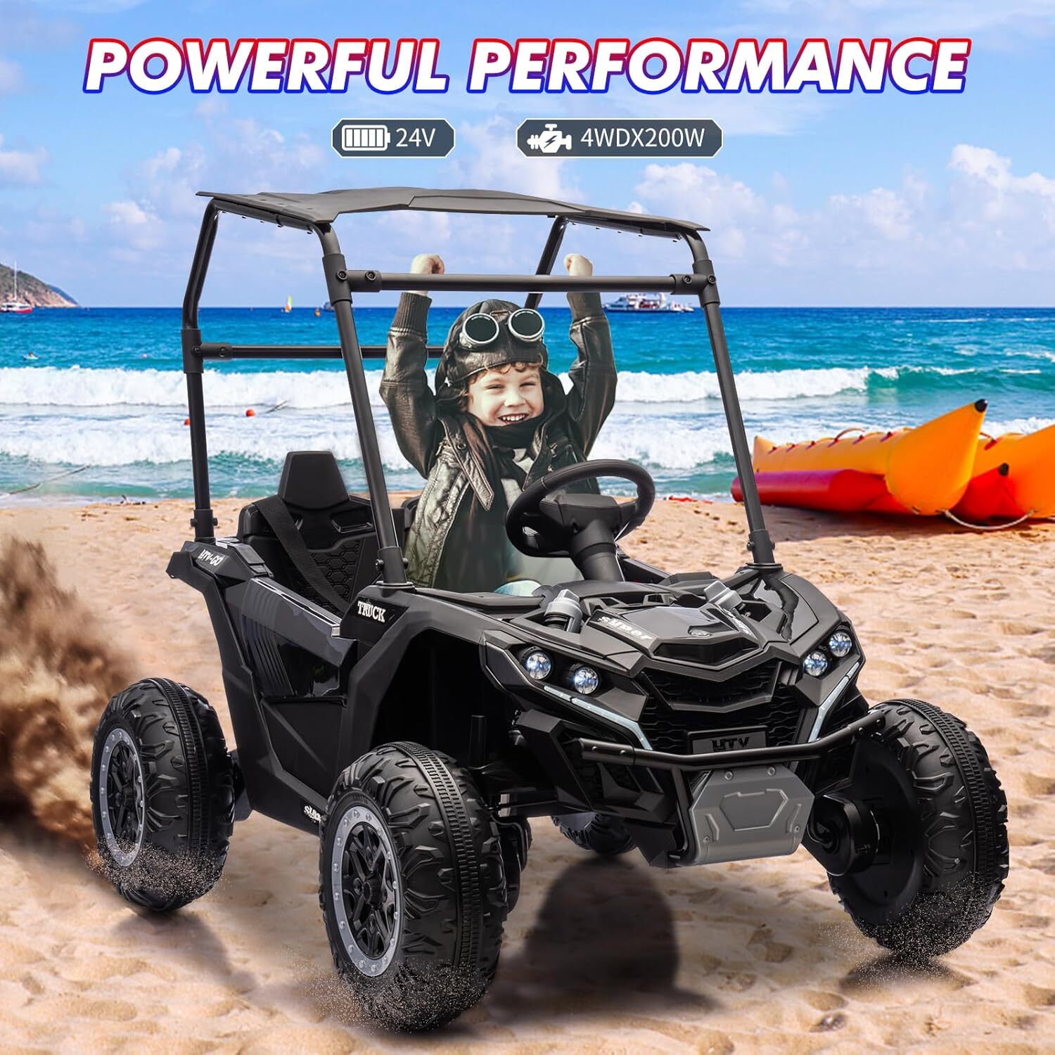 24V Ride On Utv, 2 Seater Electric Truck With Sun Shade, 4WD Electric Car Toy