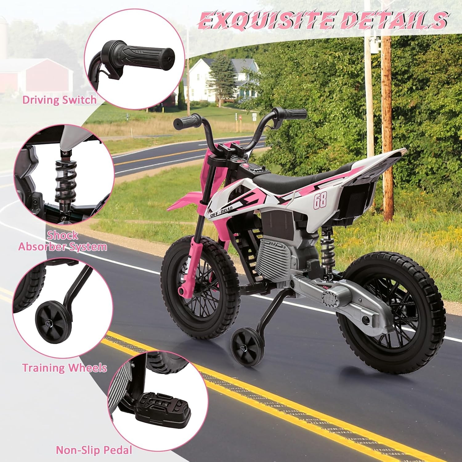 12V Kids Electric Dirt Twist Grip Throttle Bike w/Training Wheels 3Mph Music NEW