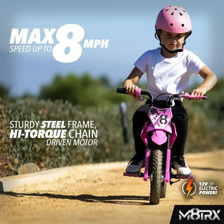 Kid’s 12V Electric-Powered Mini Dirt Bike, Ride-On Toy, Ages 5+, Pink