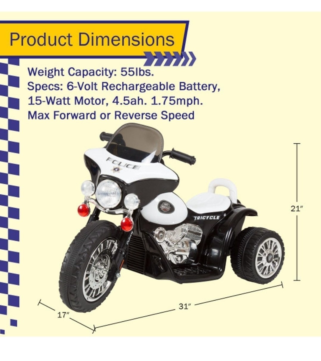 Kids Electric Police Motorcycle 3-Wheel Ride, Reverse, Headlights, Decals, Black
