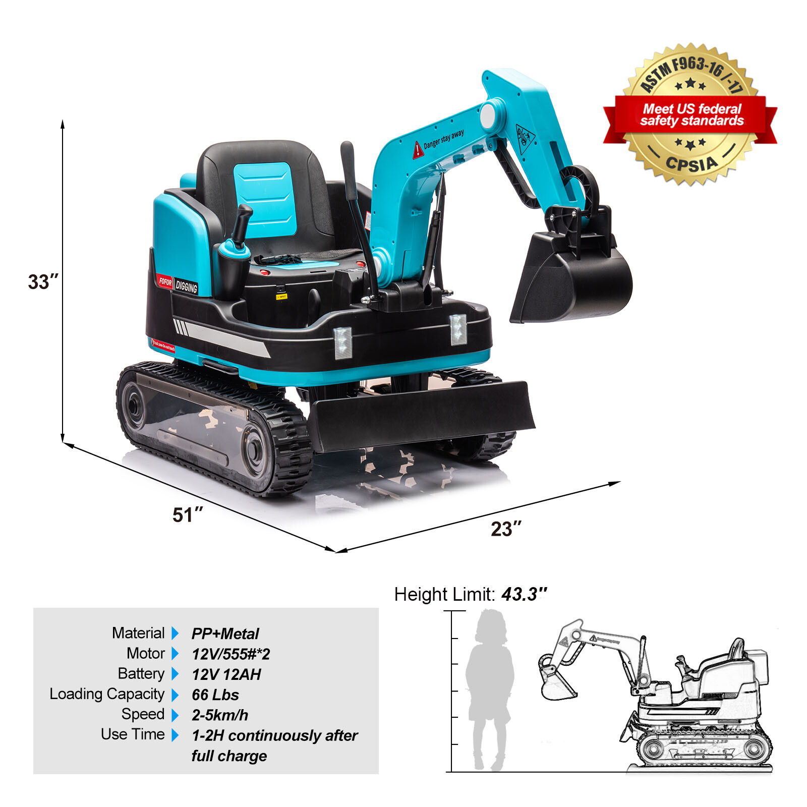 2in1 12V 360° Kids Blue Ride on Excavator Traxcavator Toys with RC
