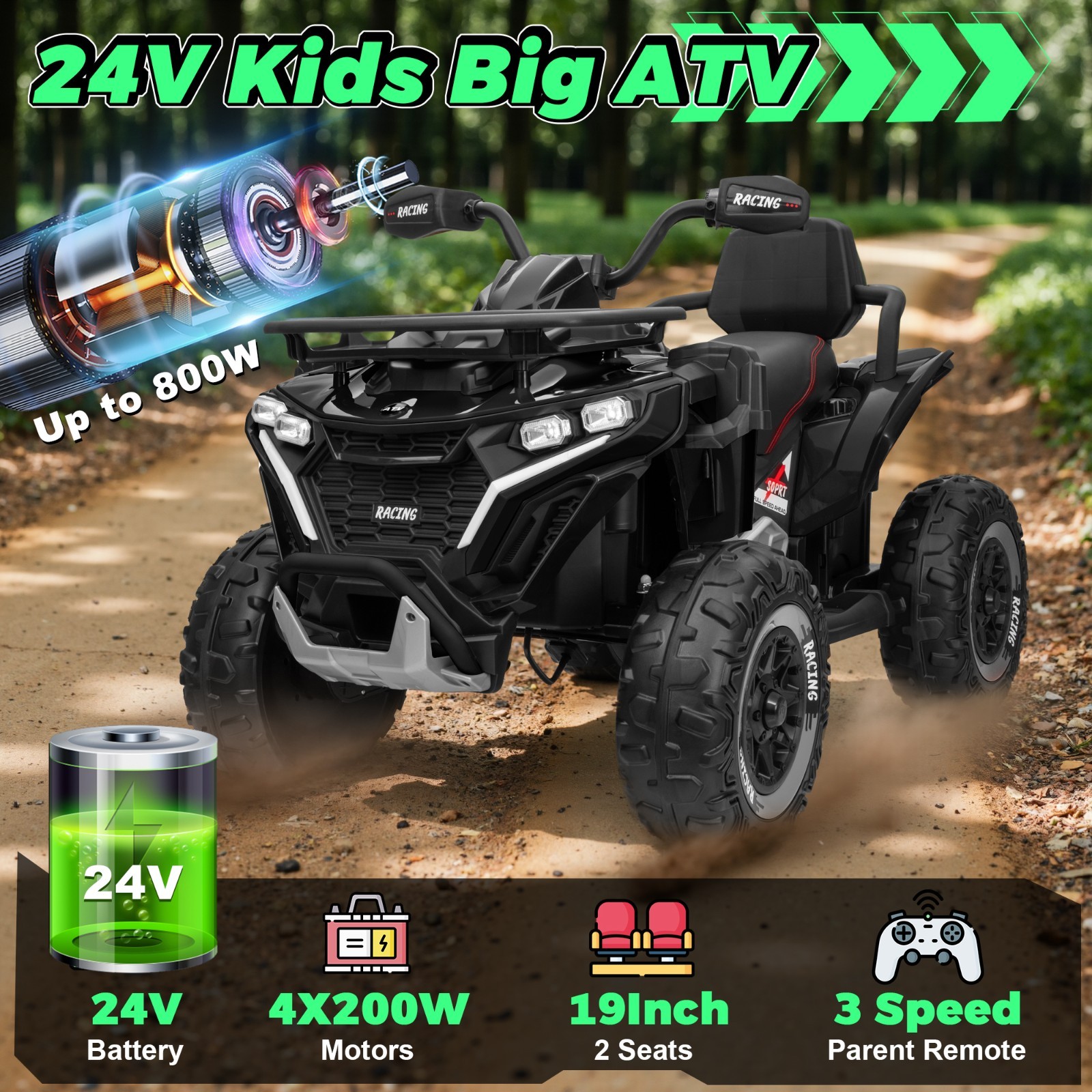 24V 4WD Kids ATV 2-Seat Ride On Car w/Remote Bluetooth USB Headlights EVA Tires