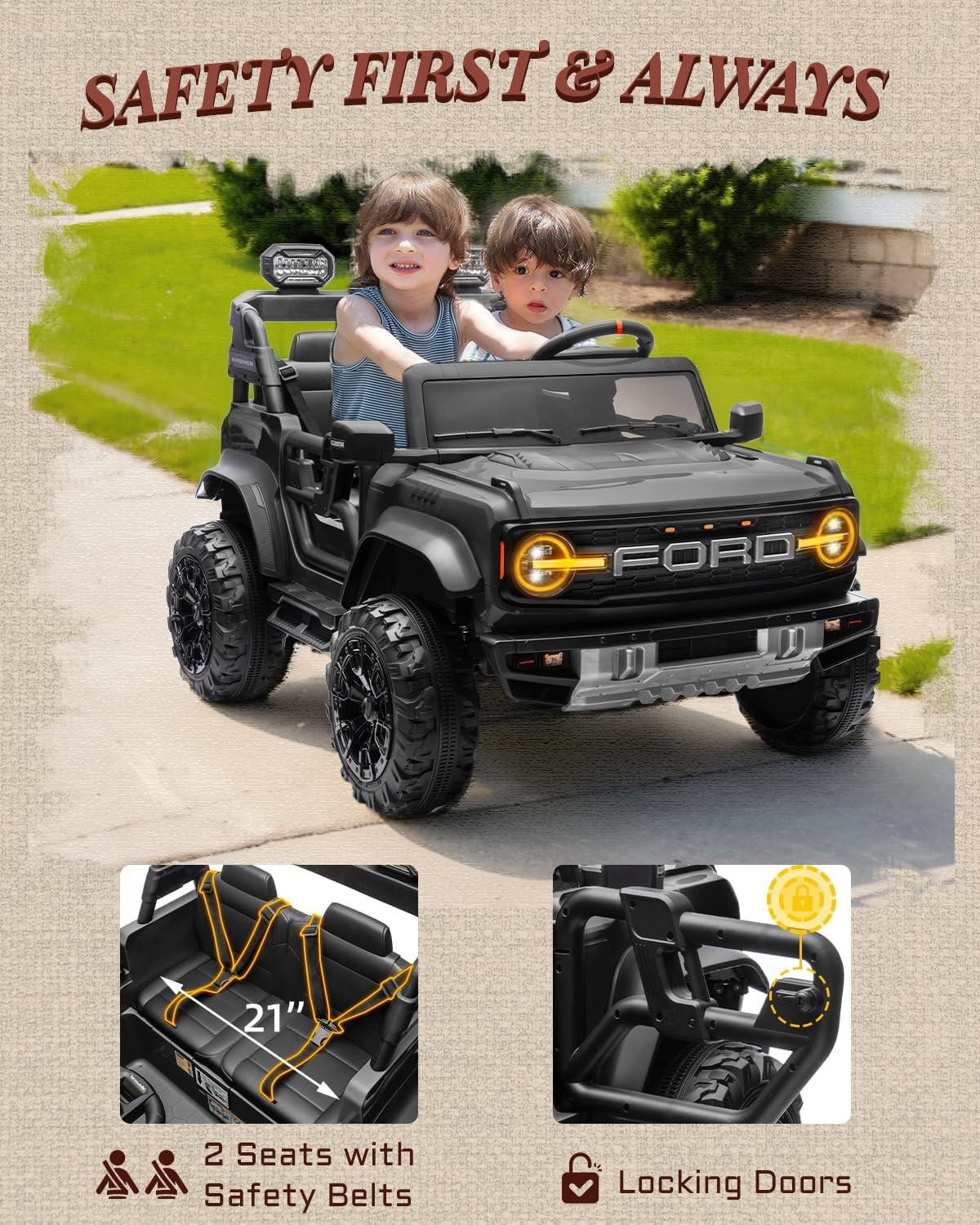 24V Ride on Toys for Big Kids, Licensed Ford Bronco Raptor Electric Car 2 Seater