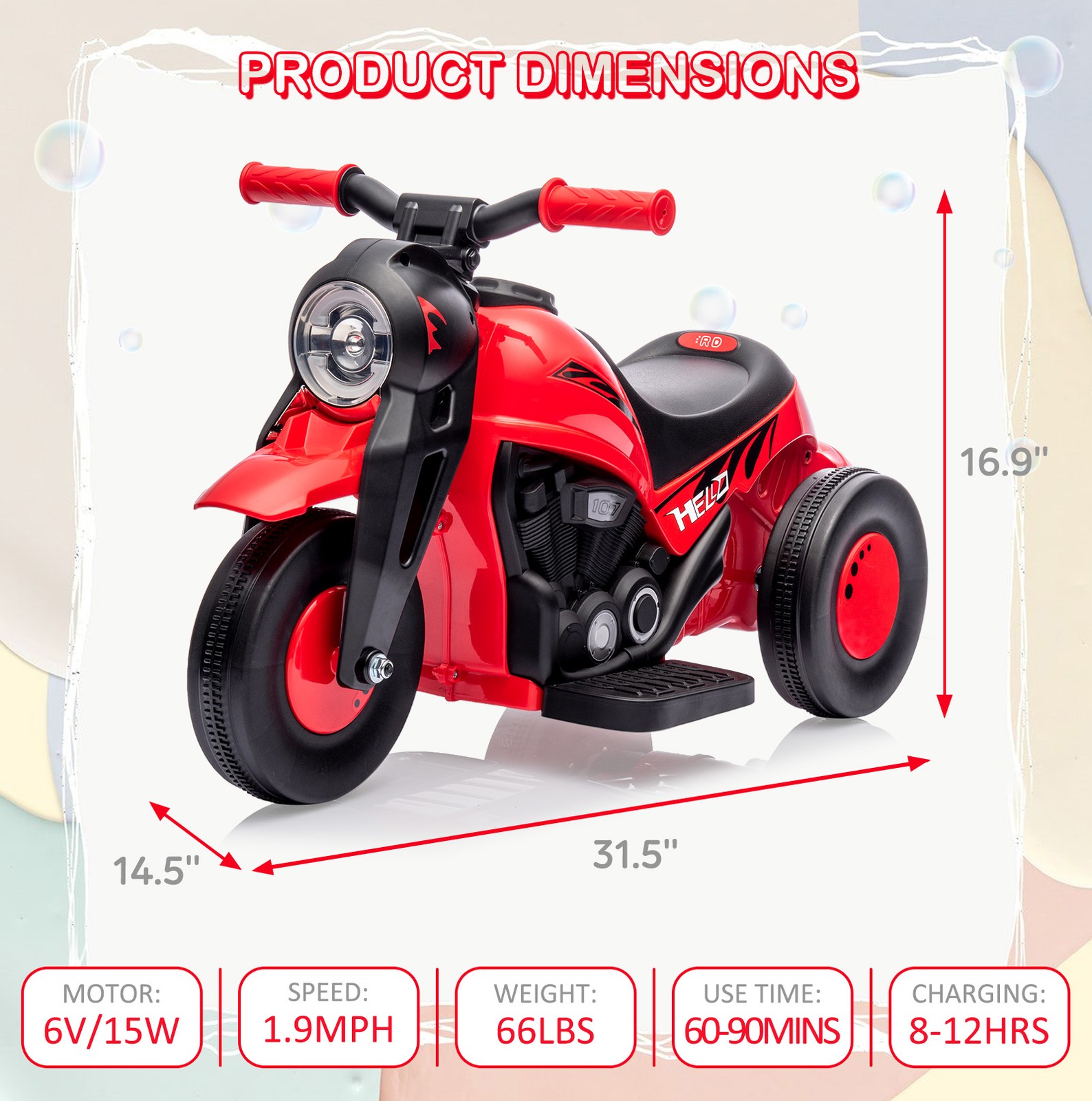 Garvee Kids 3 Wheels Motorbike 6V Ride on Bubble Car Electric Motorcycle Toys