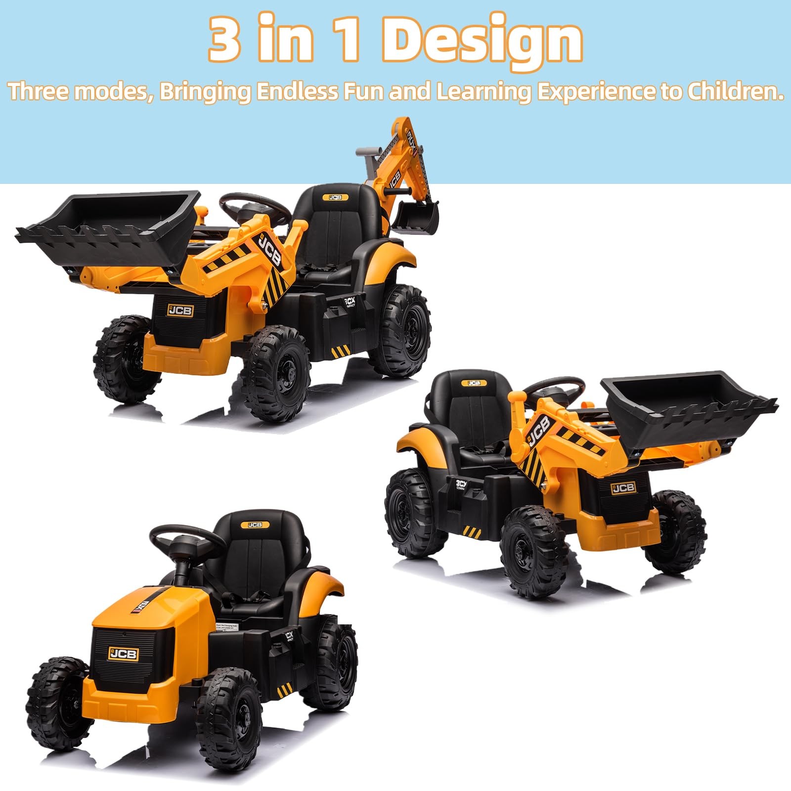 24V JCB Ride On Excavator for Kids, 3-in-1 Ride On Backhoe Digger with Front …