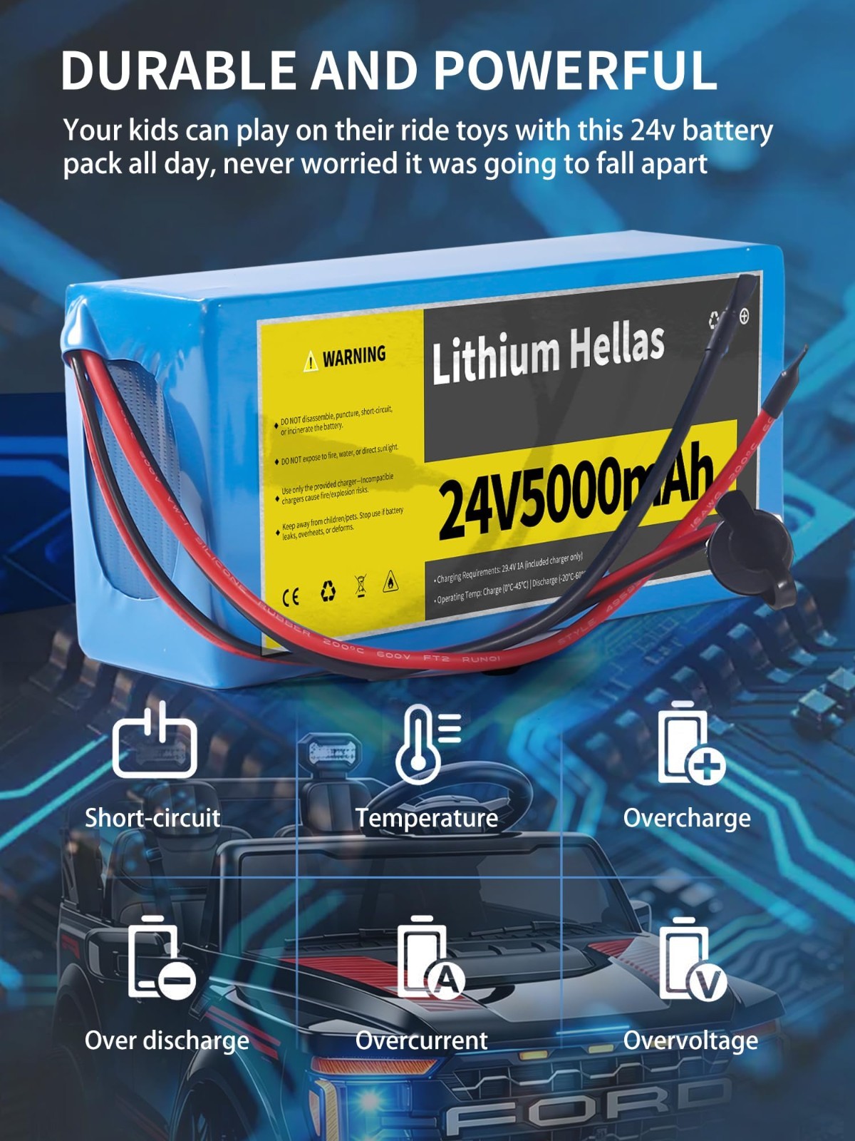 24V 5Ah Lithium Rechargeable Battery & 29.4V Charger for Ride-On Toys, DIY Proje