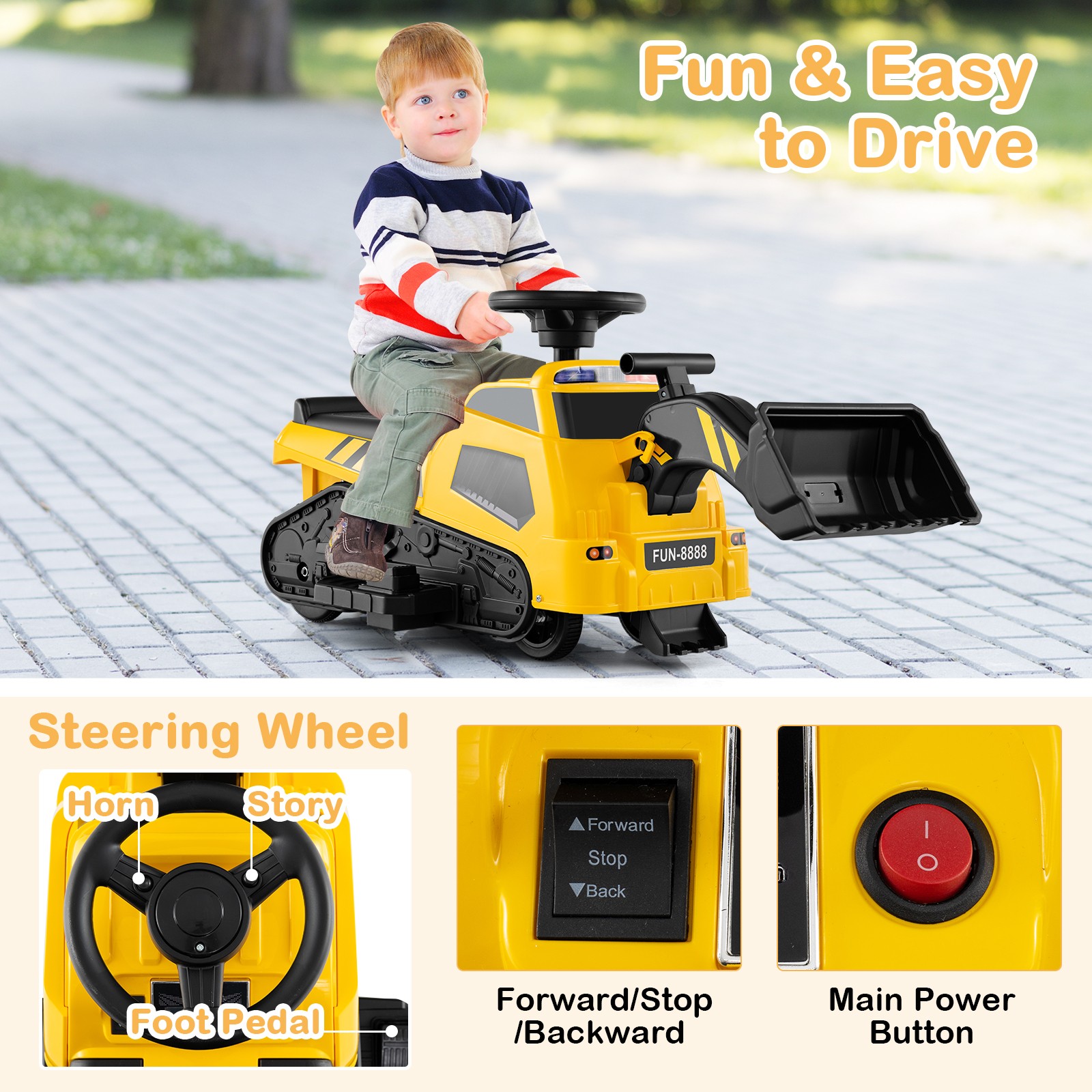 6V Ride on Tractor 3-in-1 Electric Excavator w/ Adjustable Arms Music Yellow Toy