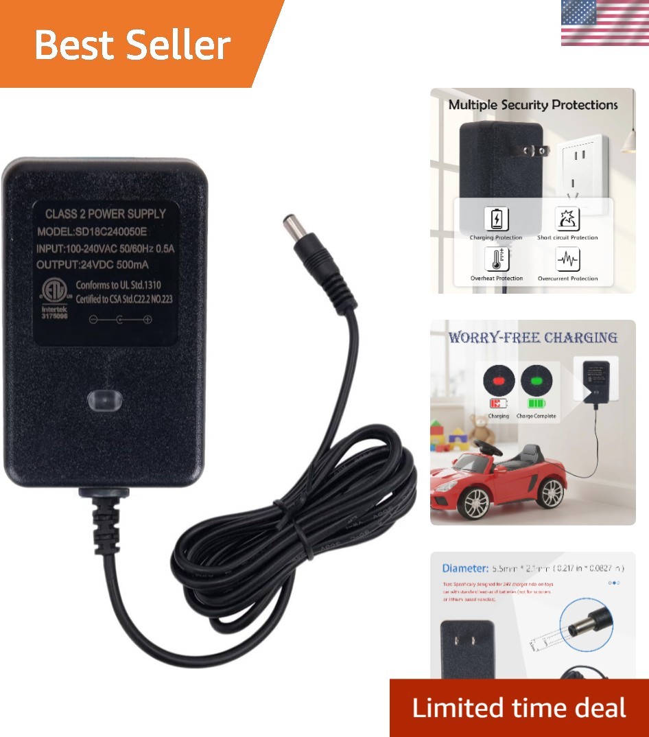 24V Battery Charger for Kids’ Electric Cars – 500mA with Safety Cut-Off