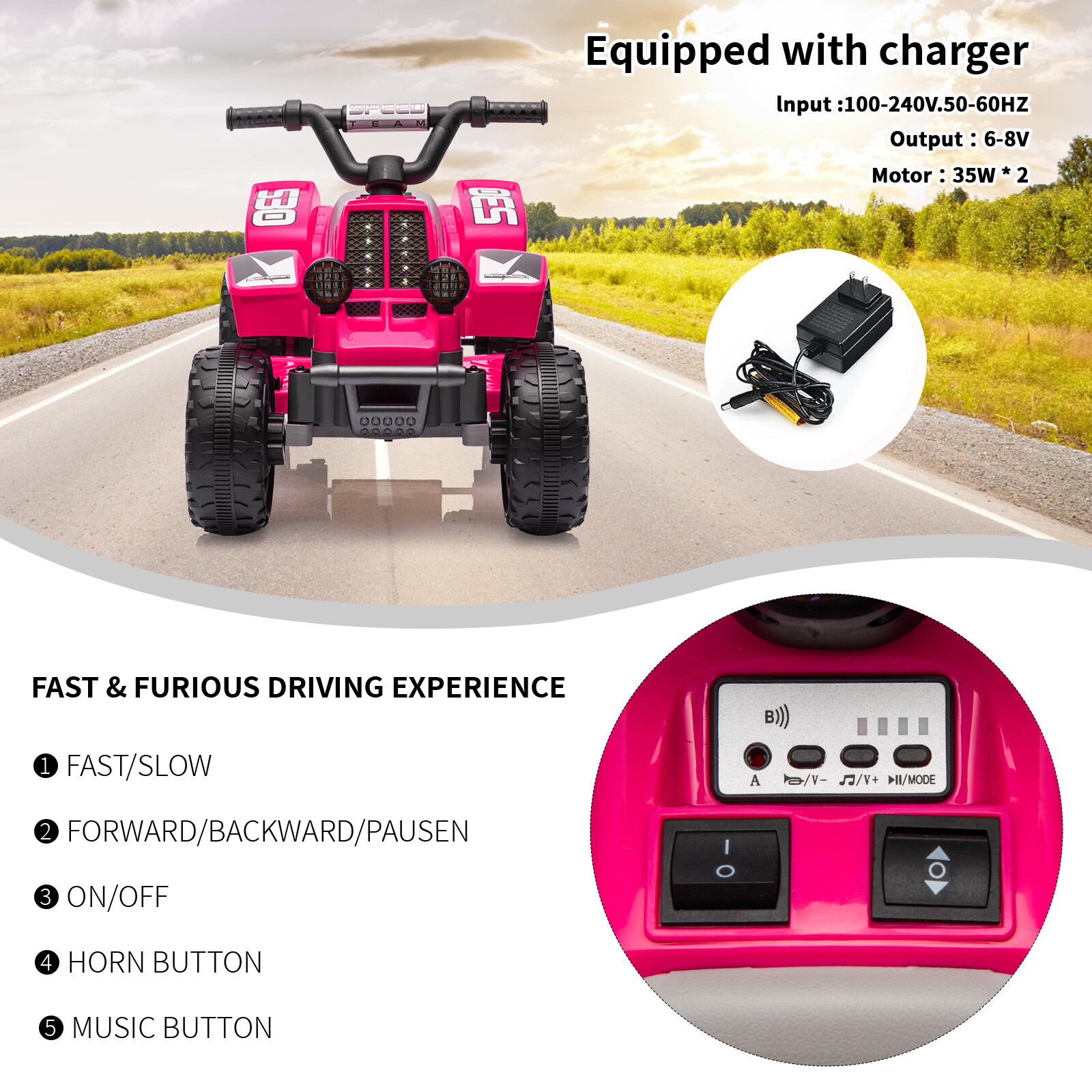 Electric Ride On 6V Kids ATV 4 Wheeler W/Led Lights for Toddlers Aged 1-3 Years