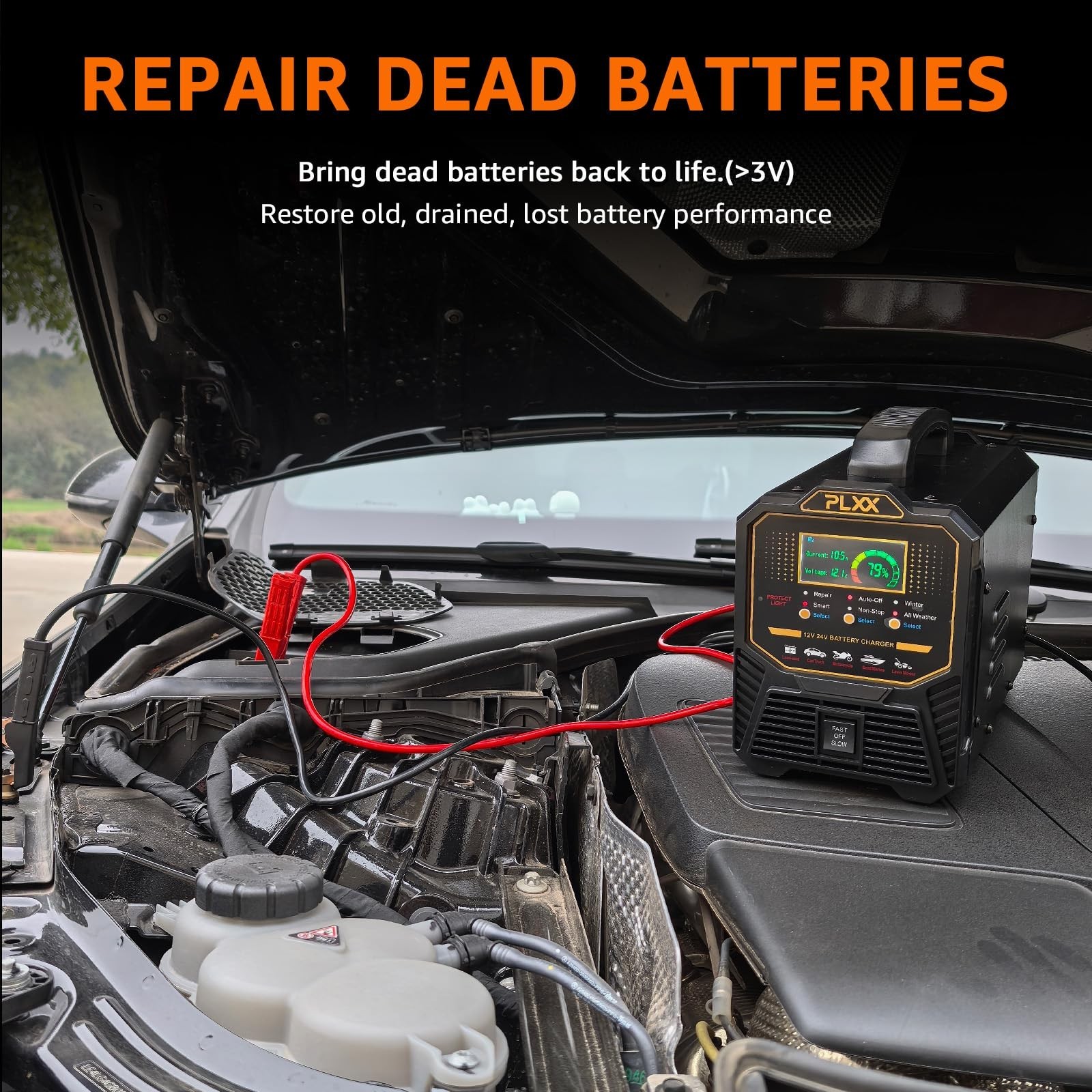 PLXX 12V 24V 0-15A Automatic Car Battery Charger Heavy Duty, Smart Trickle Ch…