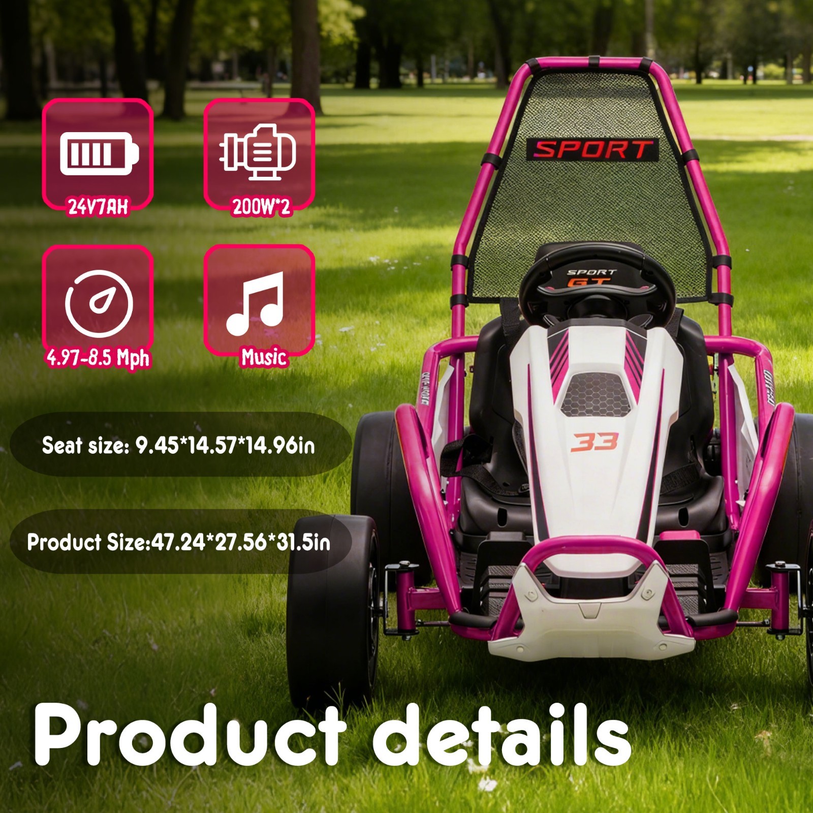 24V Kids Electric Go Kart 7AH Electric Drift Kart Car for Age 6+,400W Motor,Pink