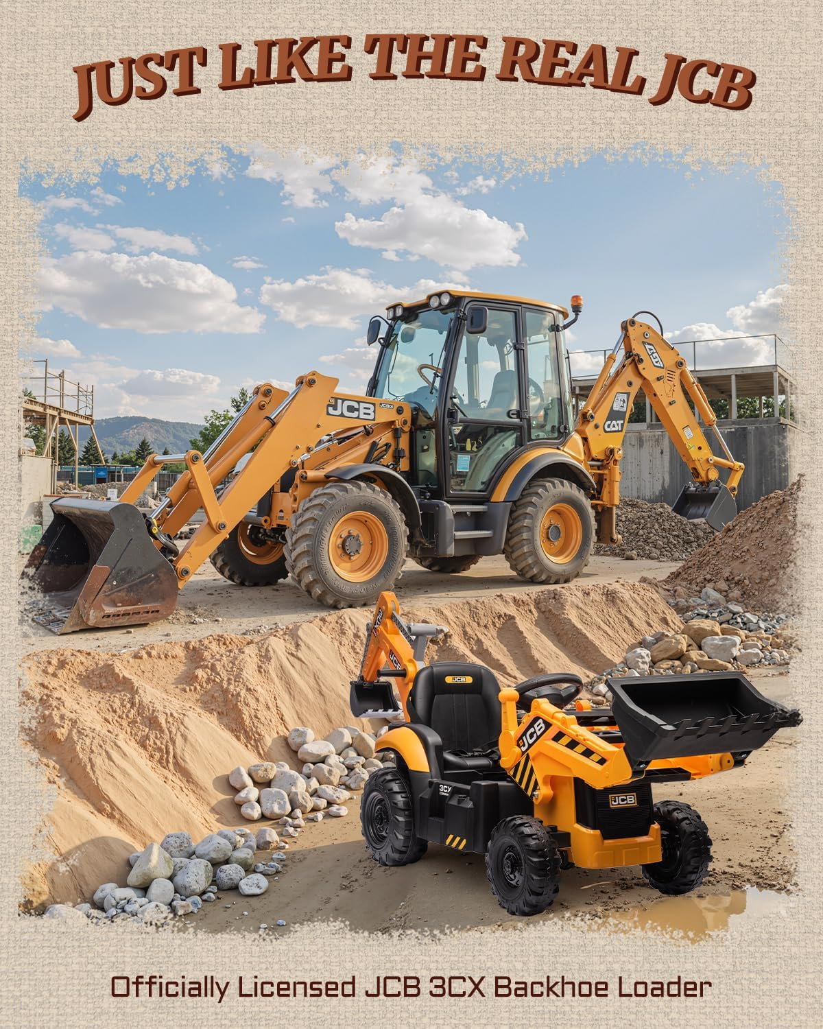 JCB 3CX Licensed 24V Excavator Ride on Toys for Kids, Backhoe Digger Toy with Re