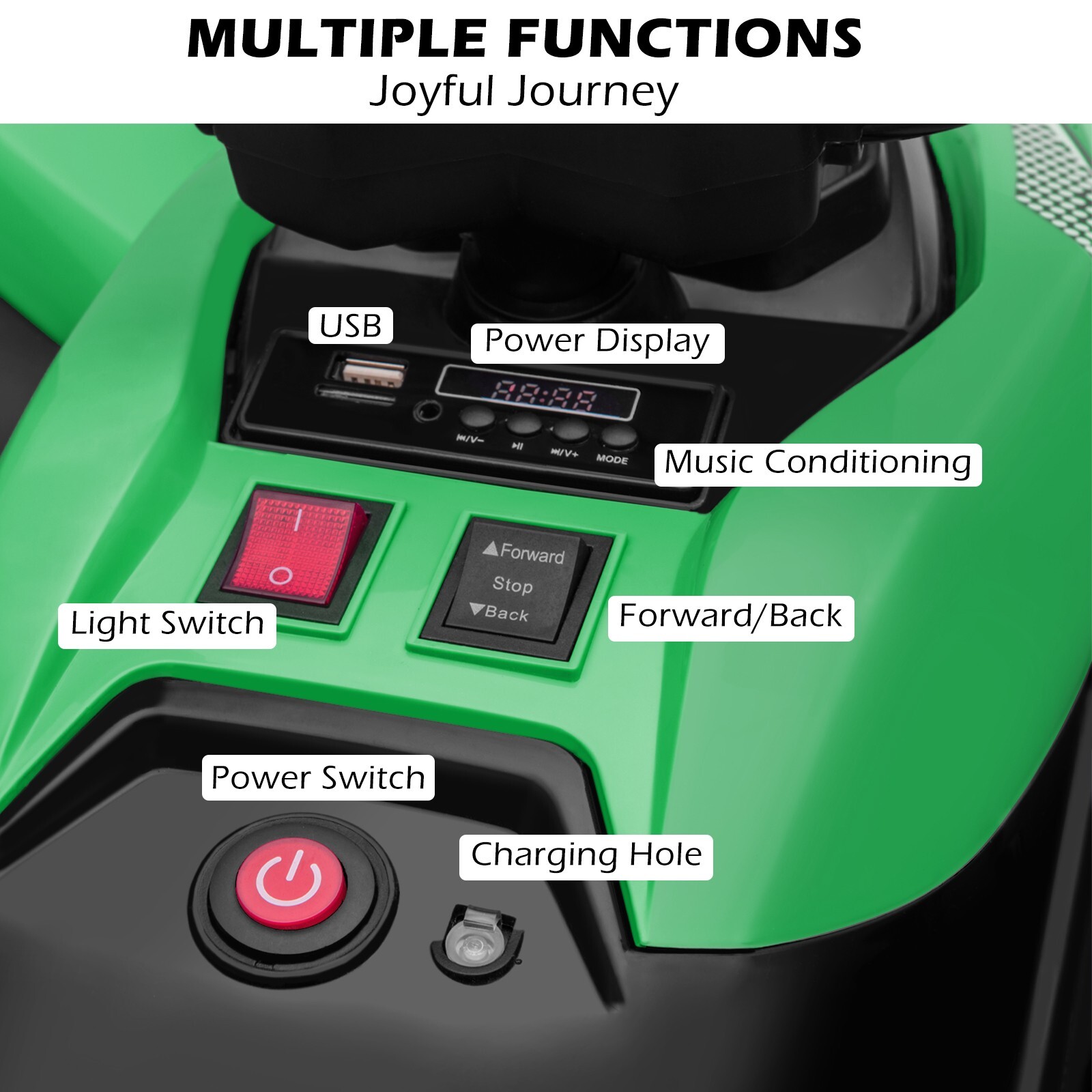 ZEOPHOL 12V Kids Ride-On Electric ATV Off-Road Quad Car Toy 2 Speeds LED Green