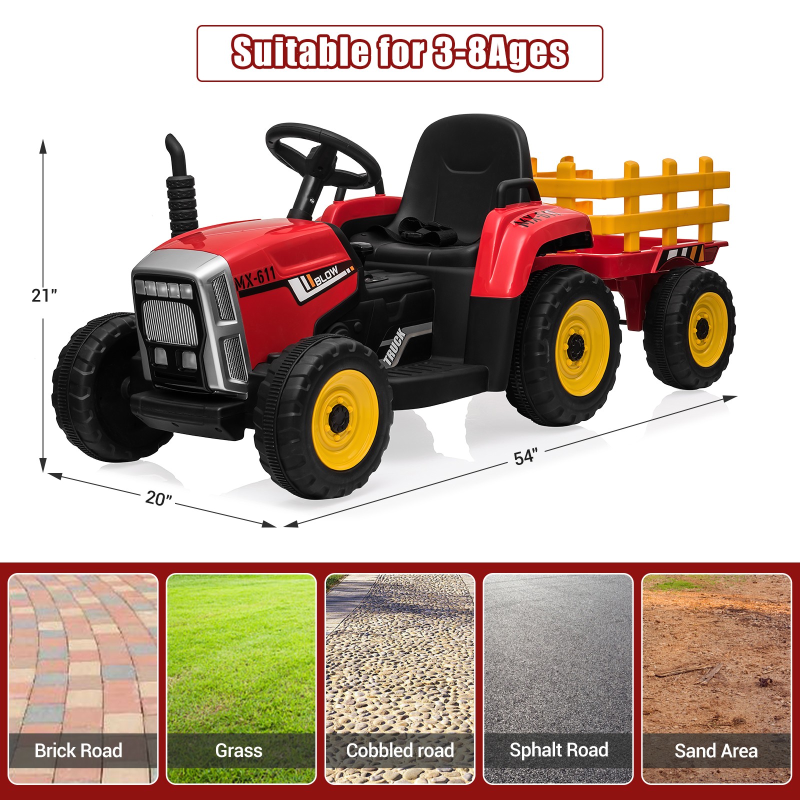 12V Ride on Tractor with Detachable Trailer with Remote, Kids’ Electric Vehicles
