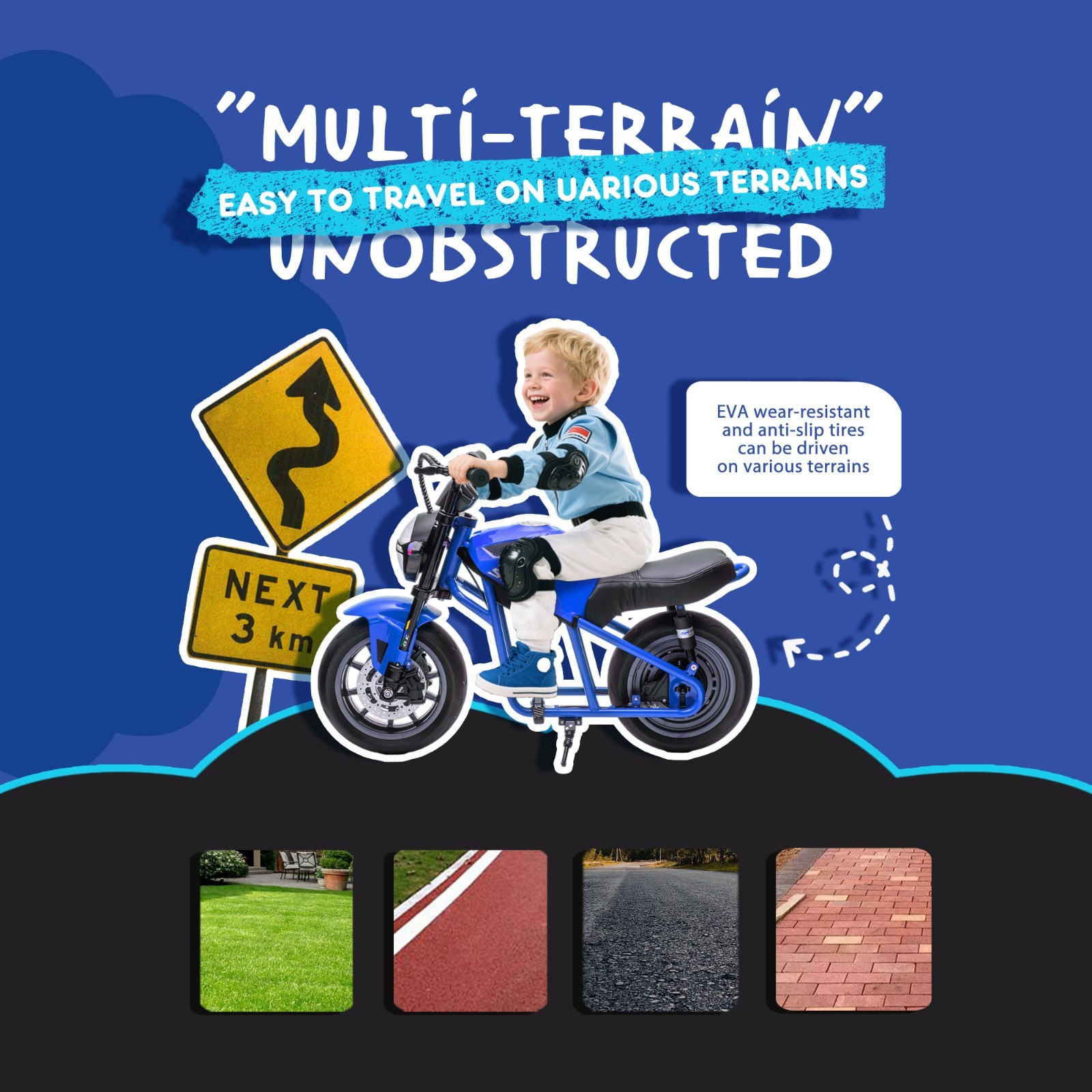 24V Kids Electric Motorcycle w/14in EVA Wheels, 300W Motor for Kids 6+,Blue