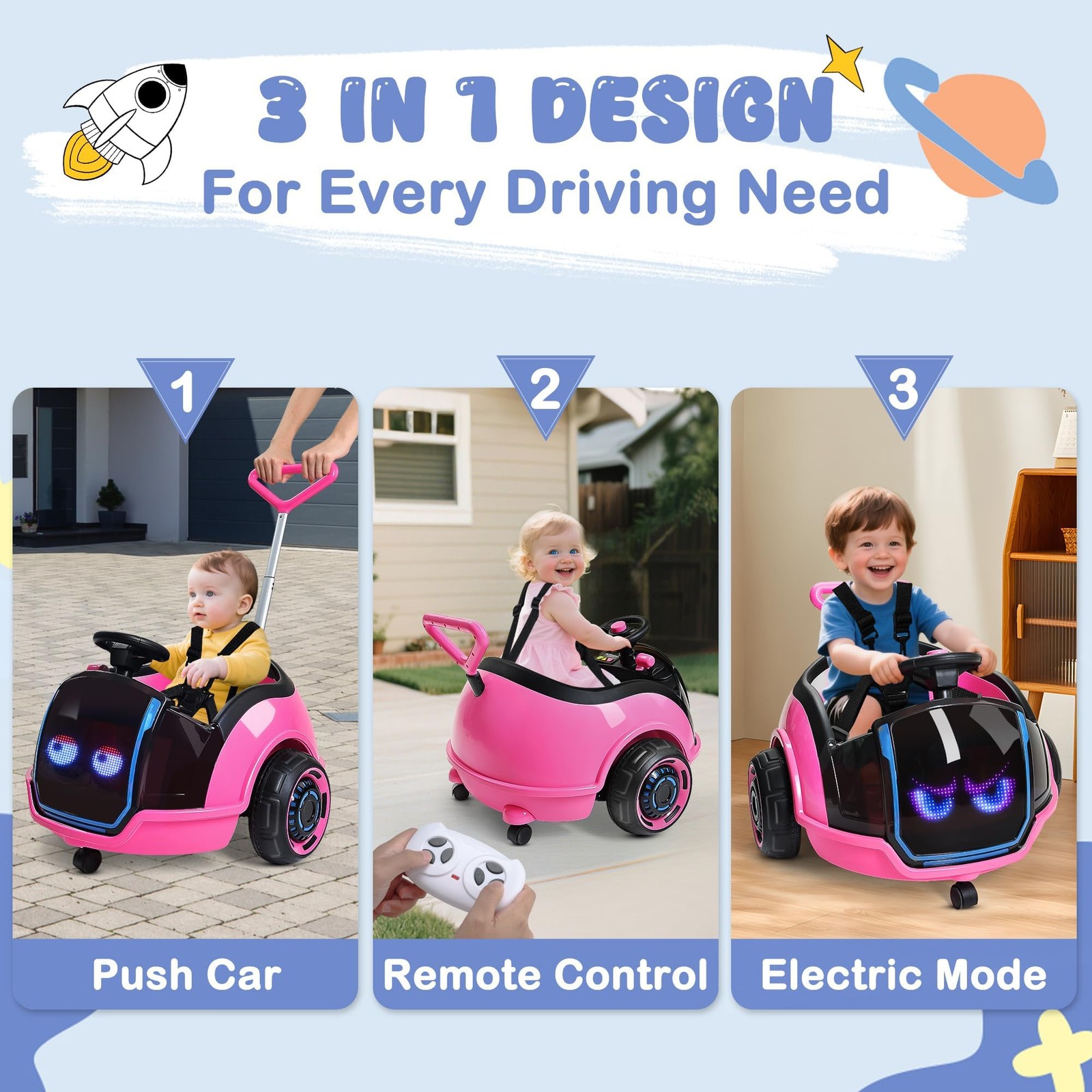 ANPABO 3-in-1 Electric Push Ride On Car, 12V Kids Ride On Toy w/Remote Contro…