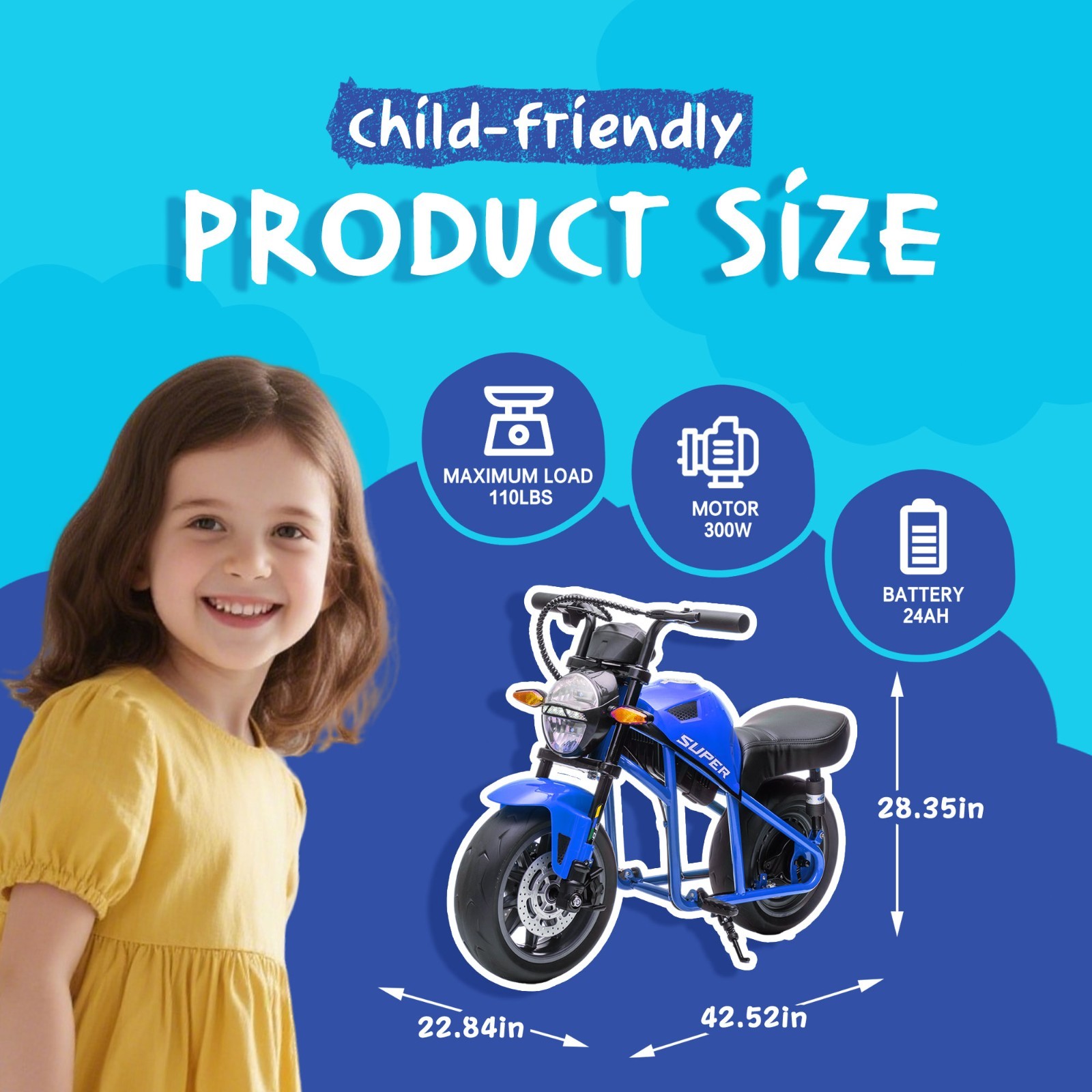 24V Kids Electric Motorcycle w/14in EVA Wheels, 300W Motor for Kids 6+,Blue