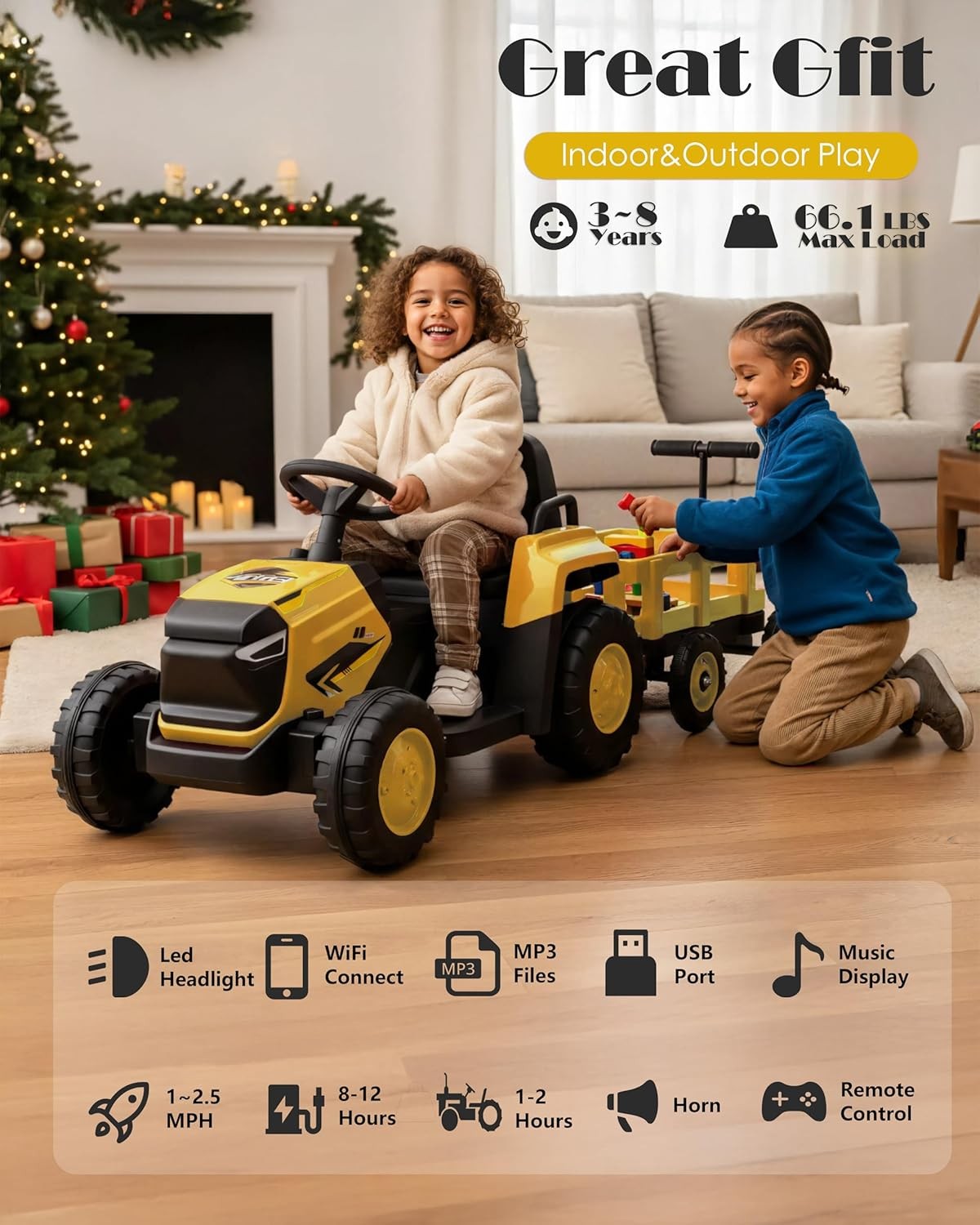 Toddlers Ride on Electric Tractor w/ Detachable Trailer 12V Kid Vehicle Ages 3–8
