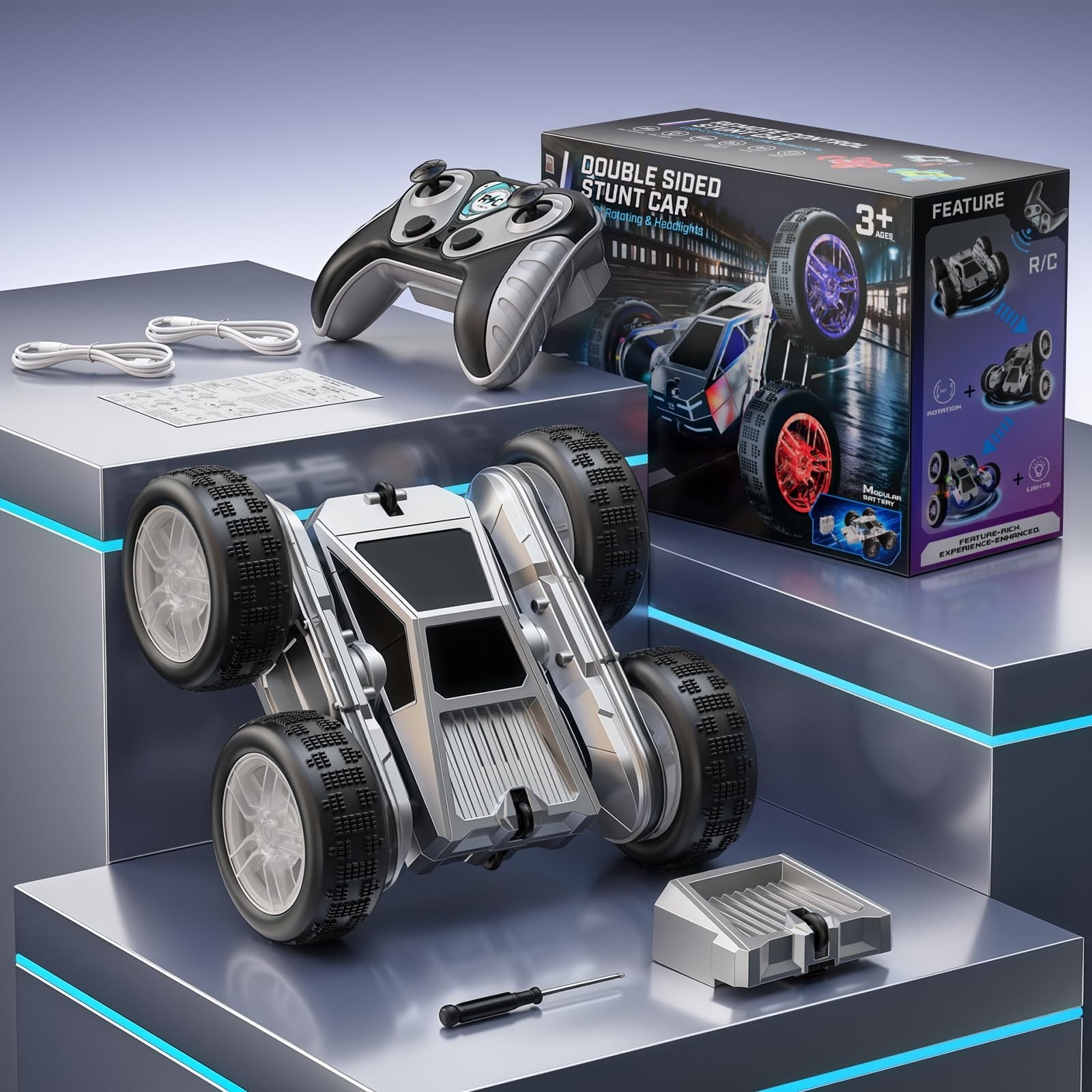 WayEee Remote Control Car for Boys 4-7, 360° Flips Rotating RC Stunt Car wi