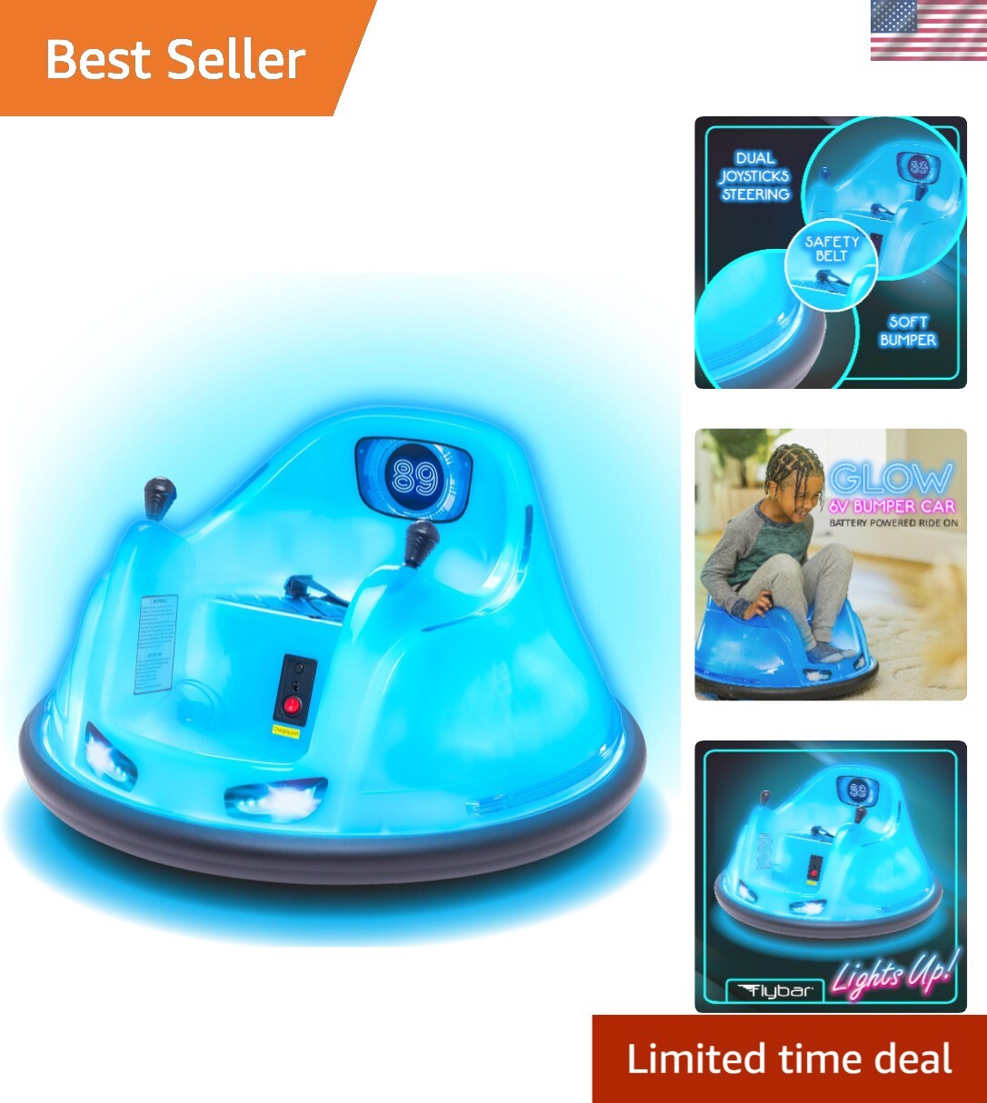 Fun 6V Blue Glow Bumper Car for Toddlers – 360° Spin & Joyful Bumping Action