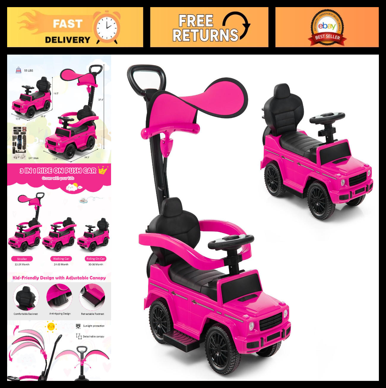 Ride-On Car for Toddlers, Removable Canopy, Anti-Tipping Design, Engine Sound, P
