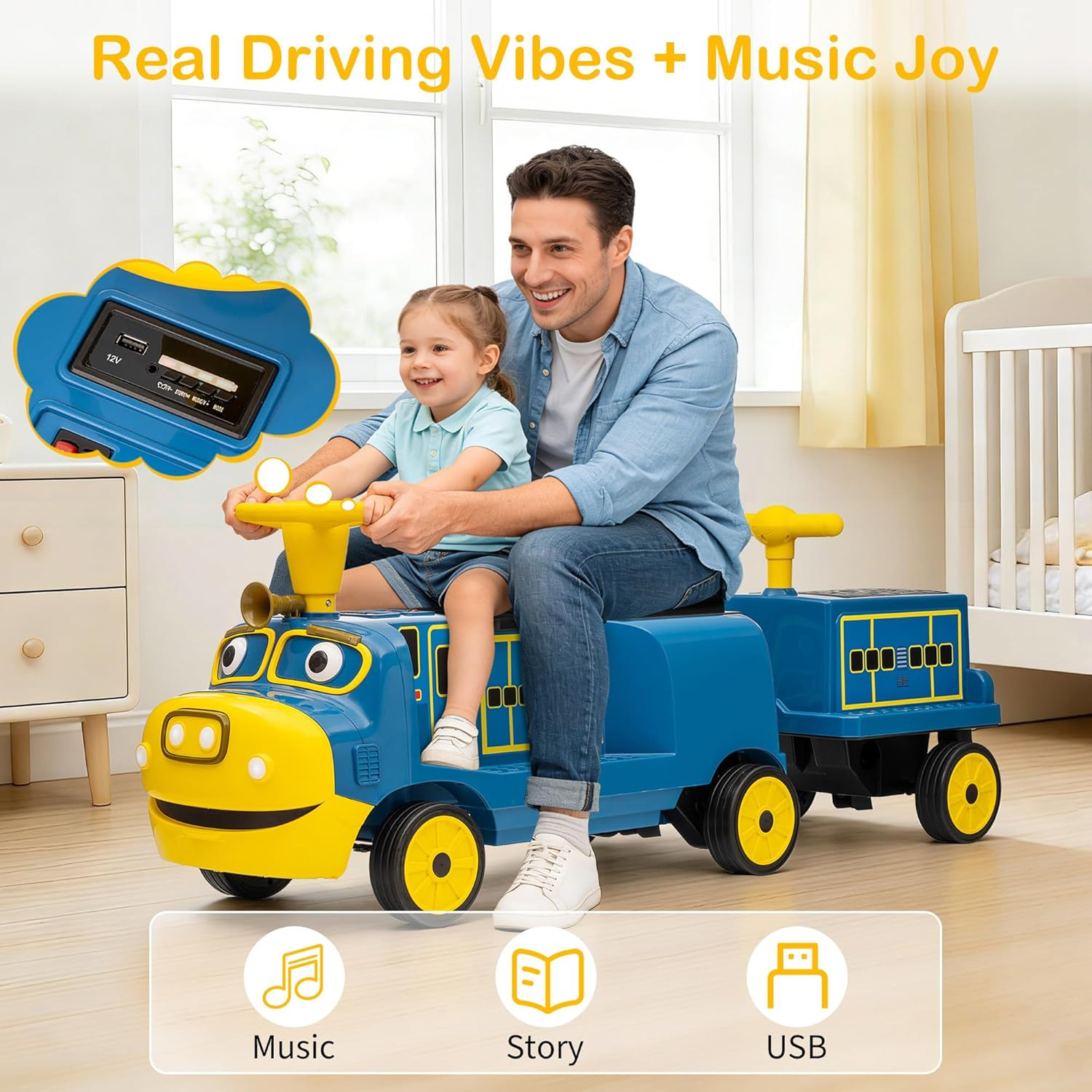 2 Seater Ride on Train Trackless, 12V Kids Ride on Toy with Height Adjustable Se