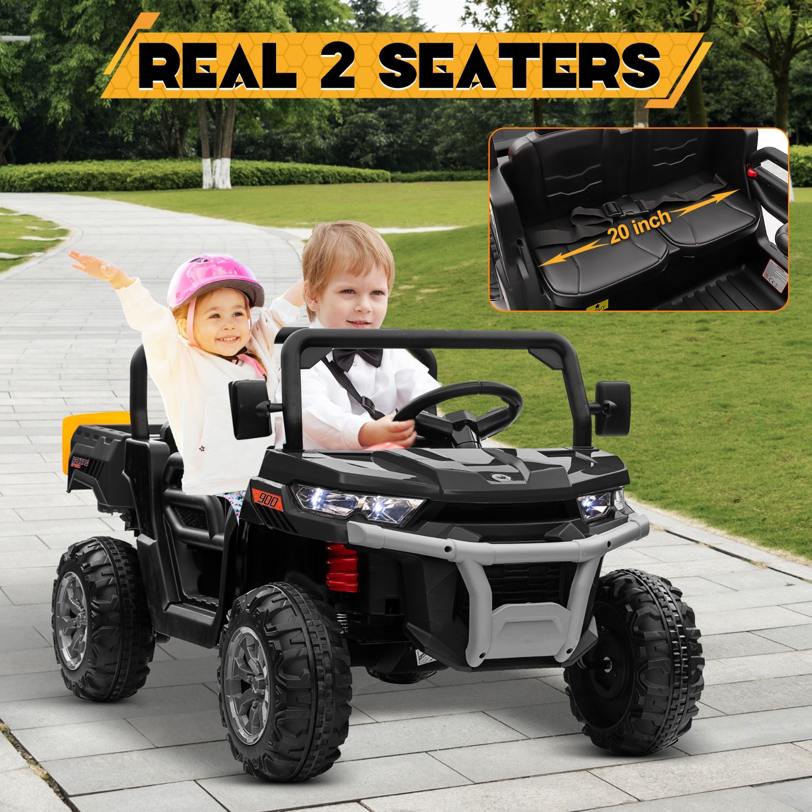 24V 4WD 2-Seat Kids Ride On Dump Truck Remote Trailer Shovel Bluetooth MP3 Black