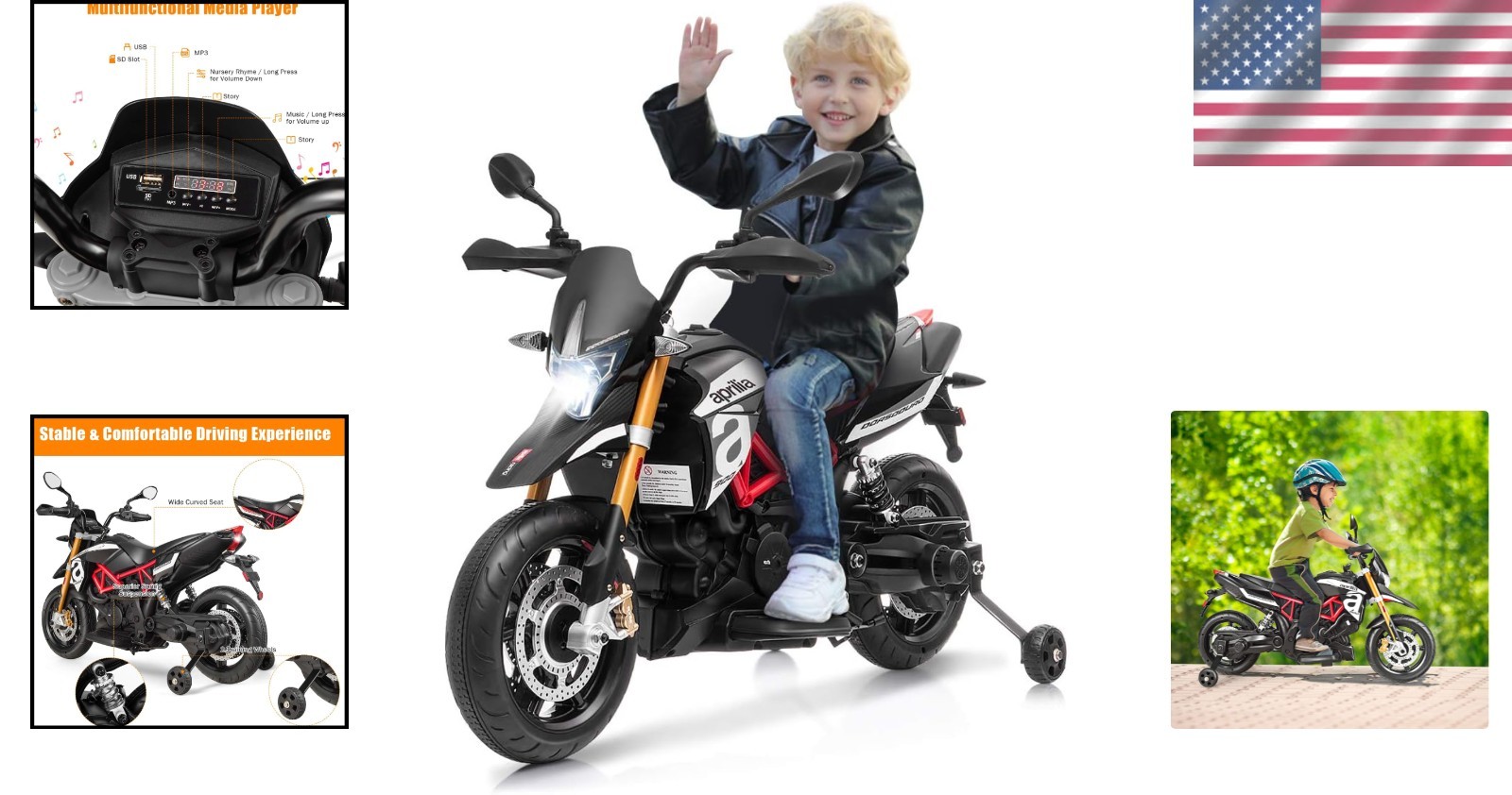 Aprilia Electric Motorcycle for Kids – Safe Ride-On Toy with Training Wheels