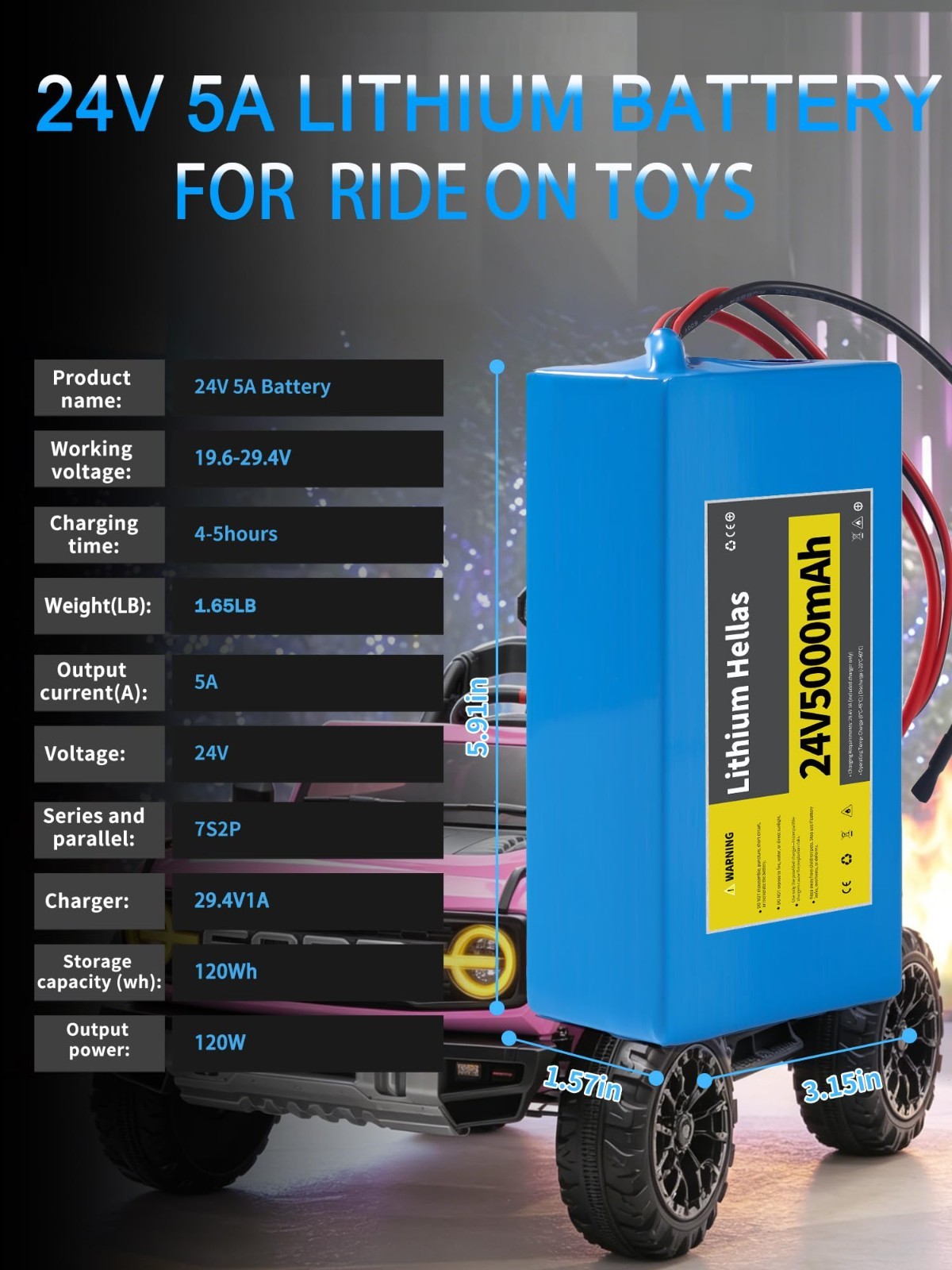 24V 5Ah Lithium Rechargeable Battery & 29.4V Charger for Ride-On Toys, DIY Proje