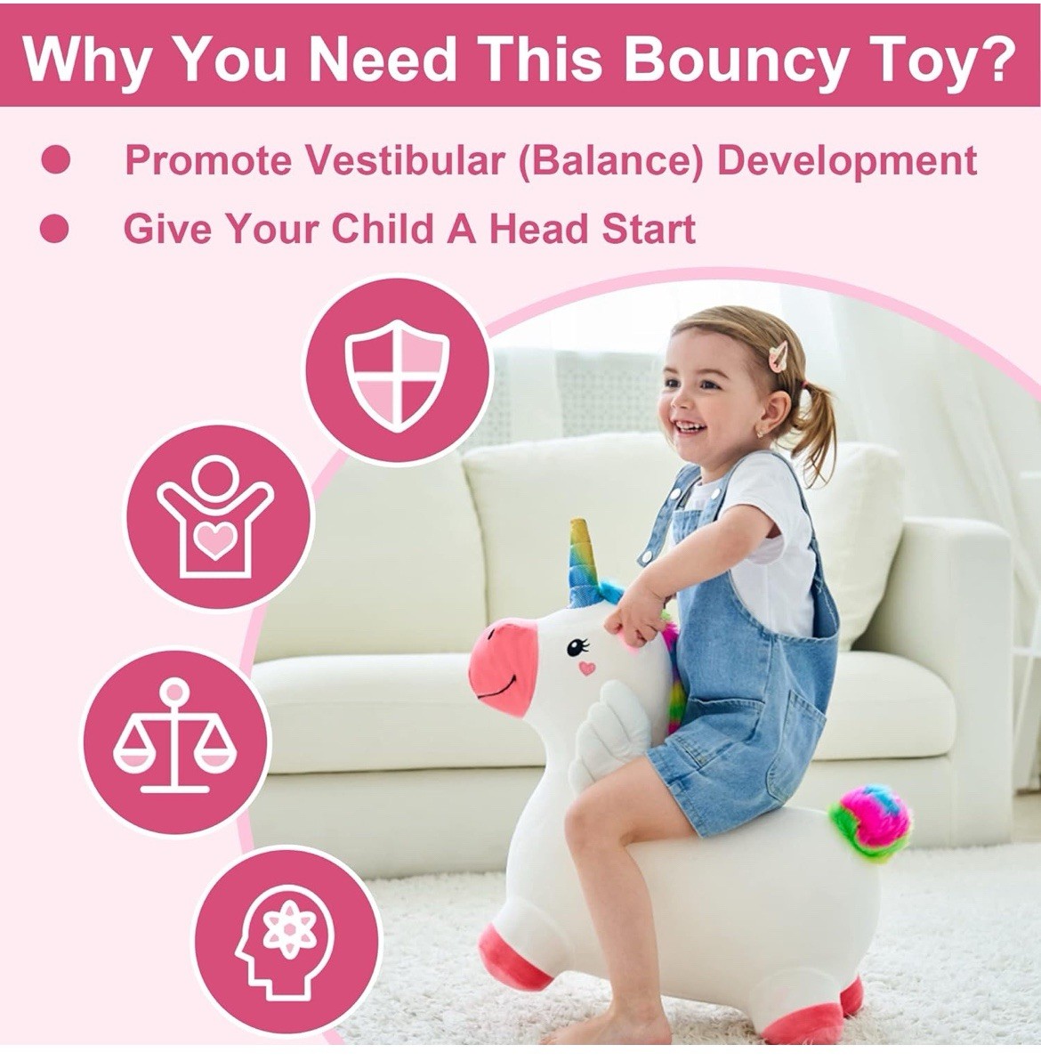 Bouncy Pals Unicorn Ultra-Soft Plush Inflatable Ride-On Toy with Pump