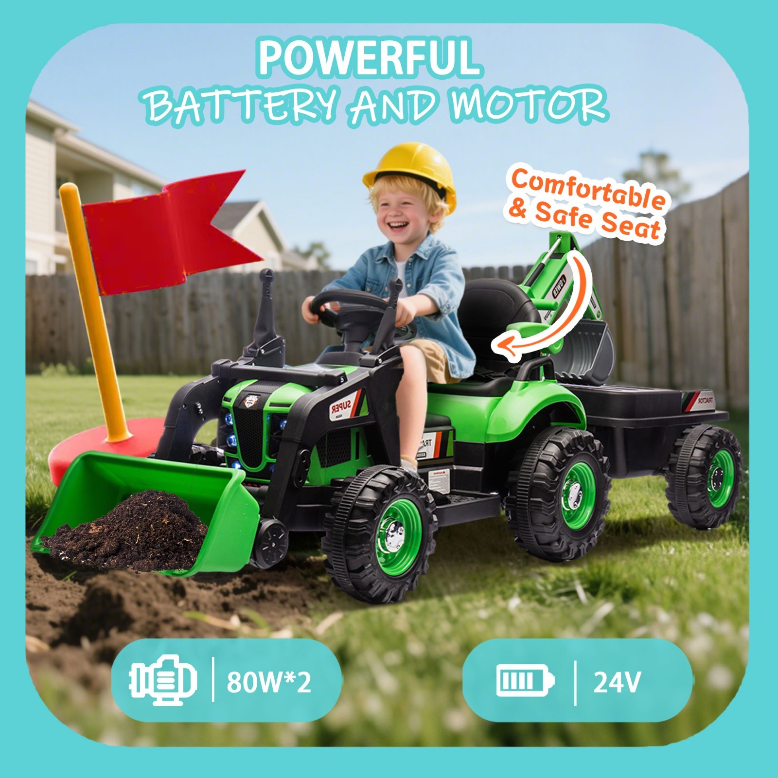 24V Kids Ride On Tractor Electric Car w/Remote, LED Tail-light,3 Speed Toy,Green