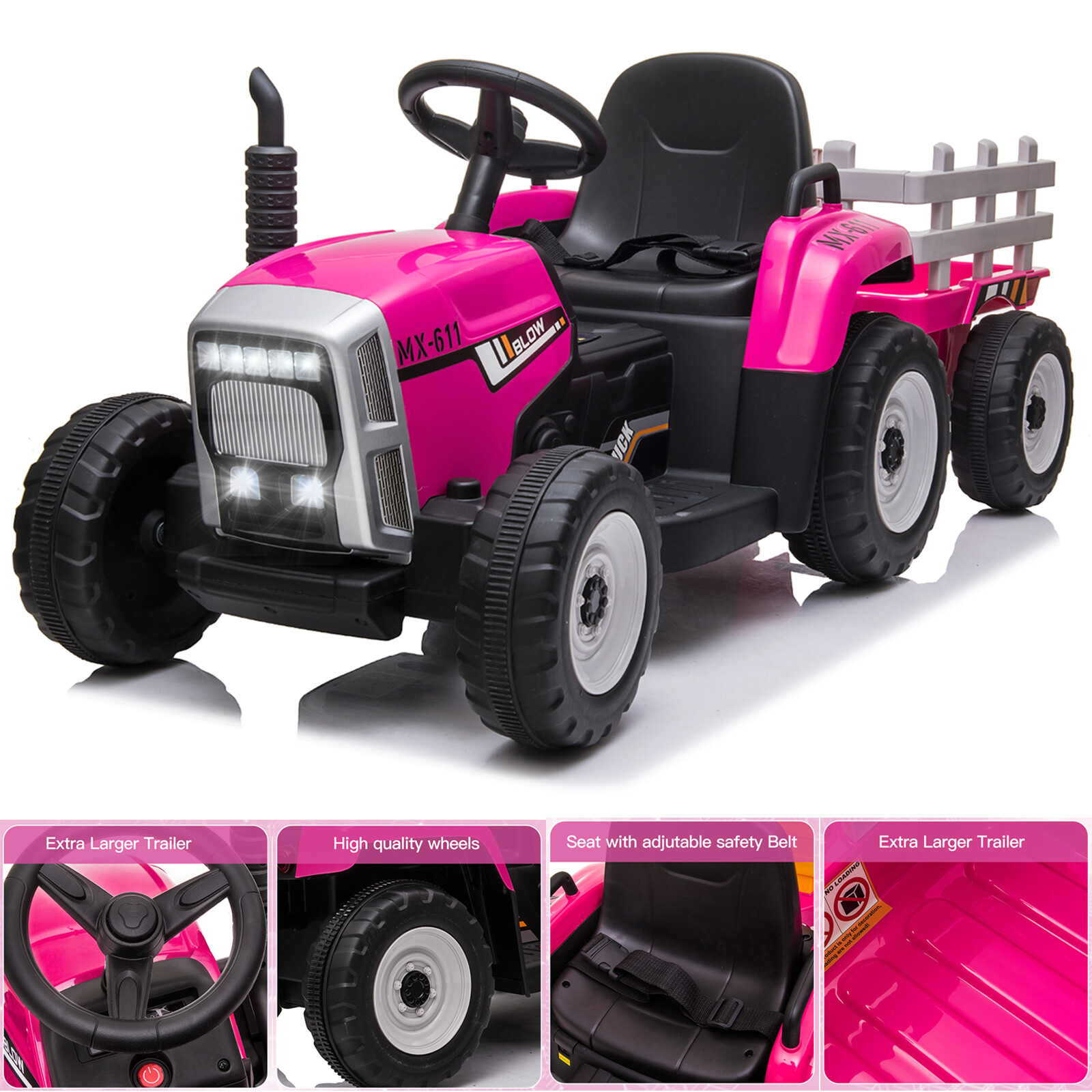 12V Electric Kids Ride On Car Battery-Powered Tractor+Trailer Toy Christmas Gift