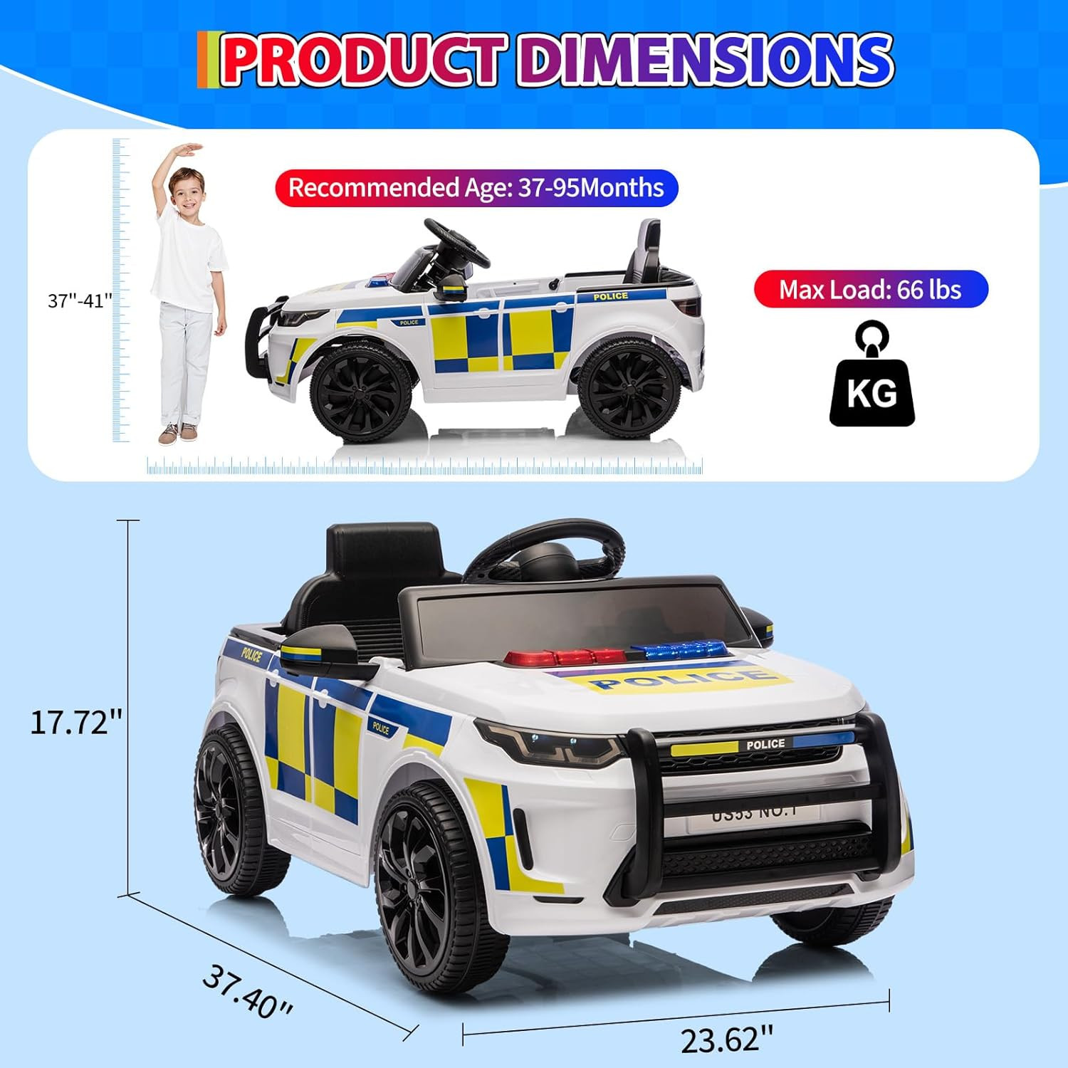Electric Cars for Kids, 12V Police Car Ride on Toy W/Remote Control, Speaker, Wa