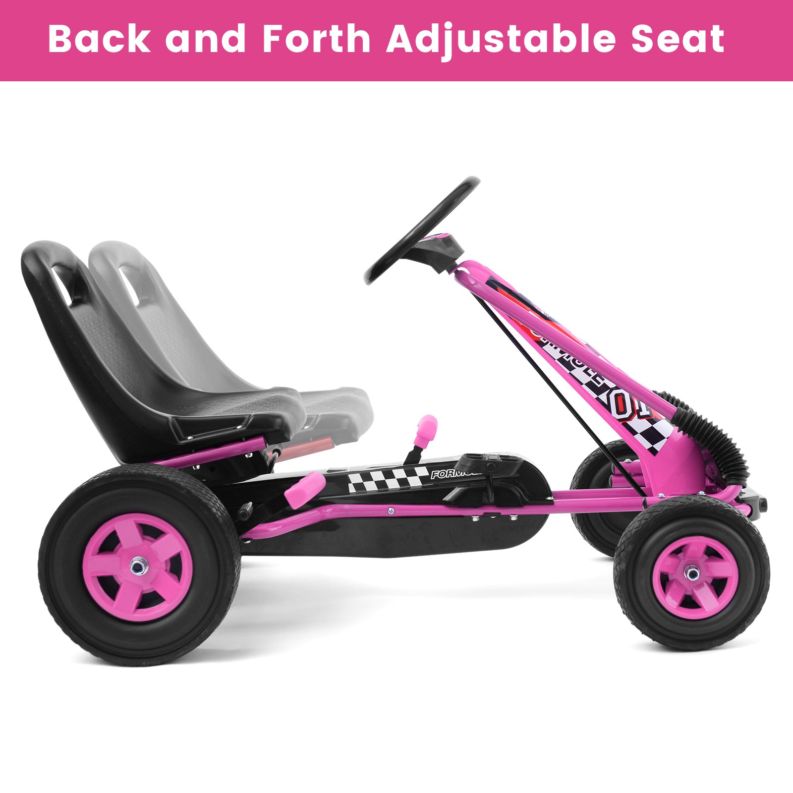 Honeyjoy Go Kart 4 Wheel Pedal Powered Kids Ride On Toy w/ Adjustable Seat Pink