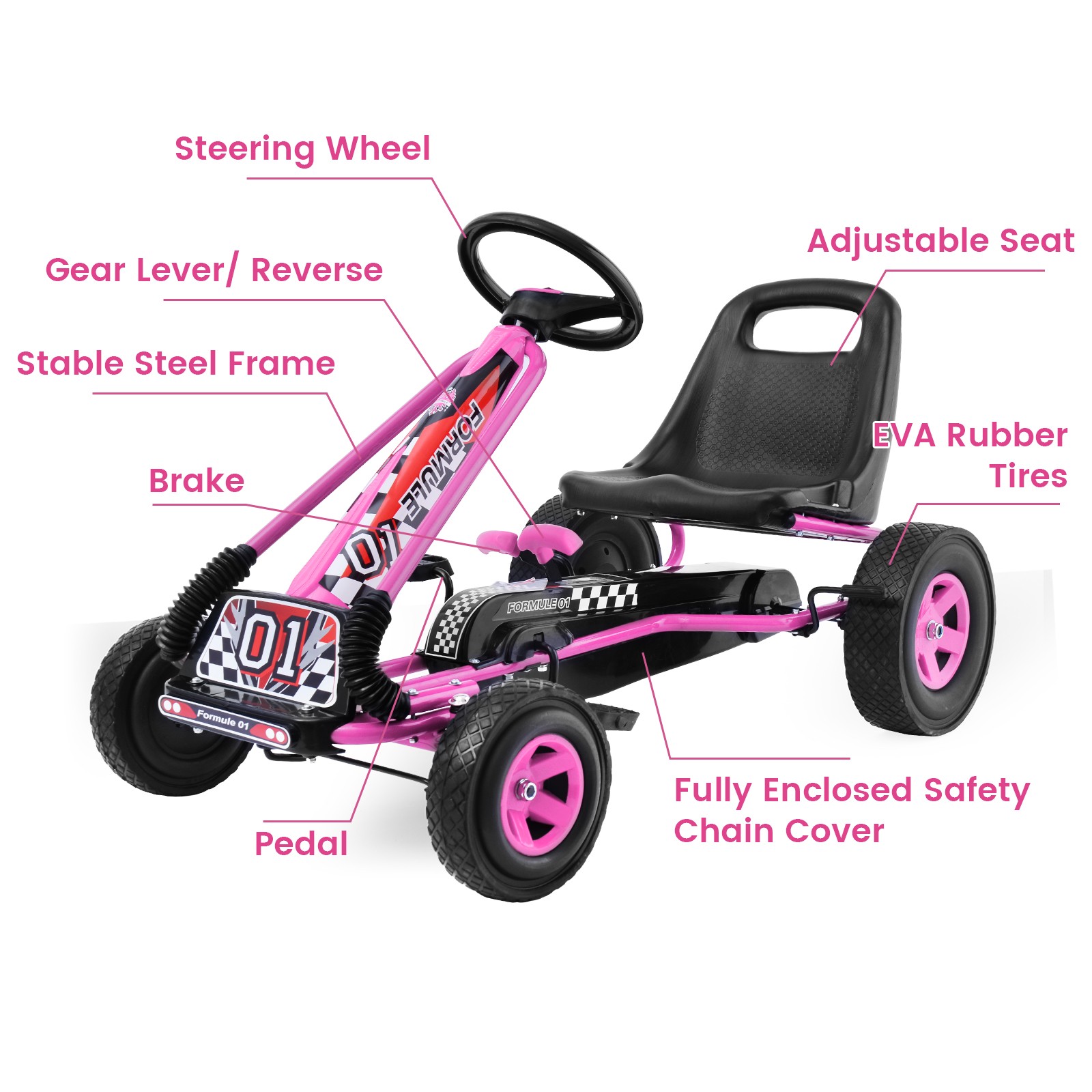 Go Kart 4 Wheel Pedal Powered Kids Ride On Toy w/ Adjustable Seat Pink